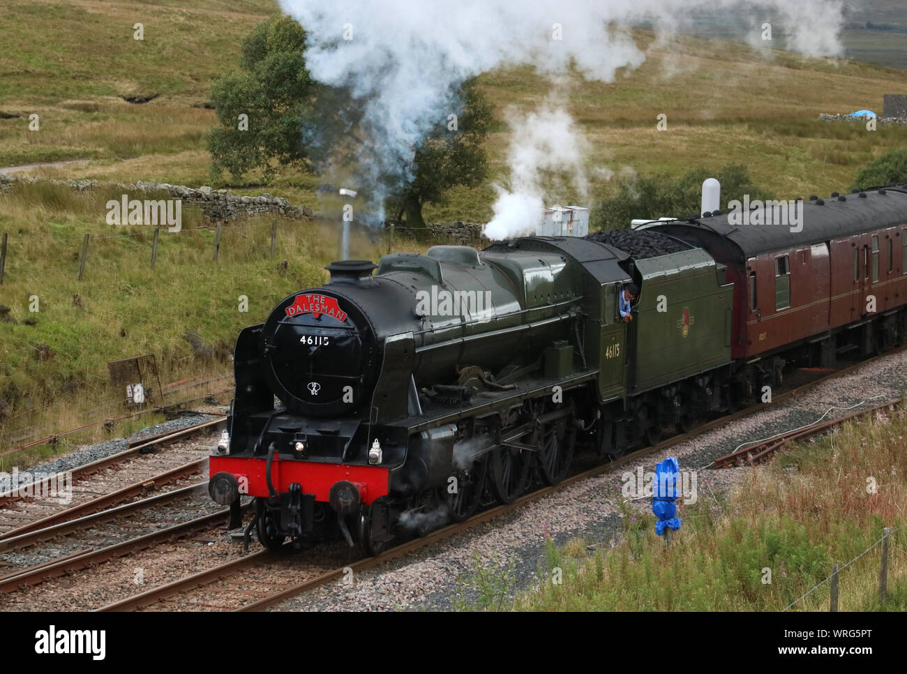 Royal Scot class steam locomotive Scots Guardsman near Blea Moor signal box on Settle to Carlisle railway line with the Dalesman on 10th Sept 2019. Stock Photo