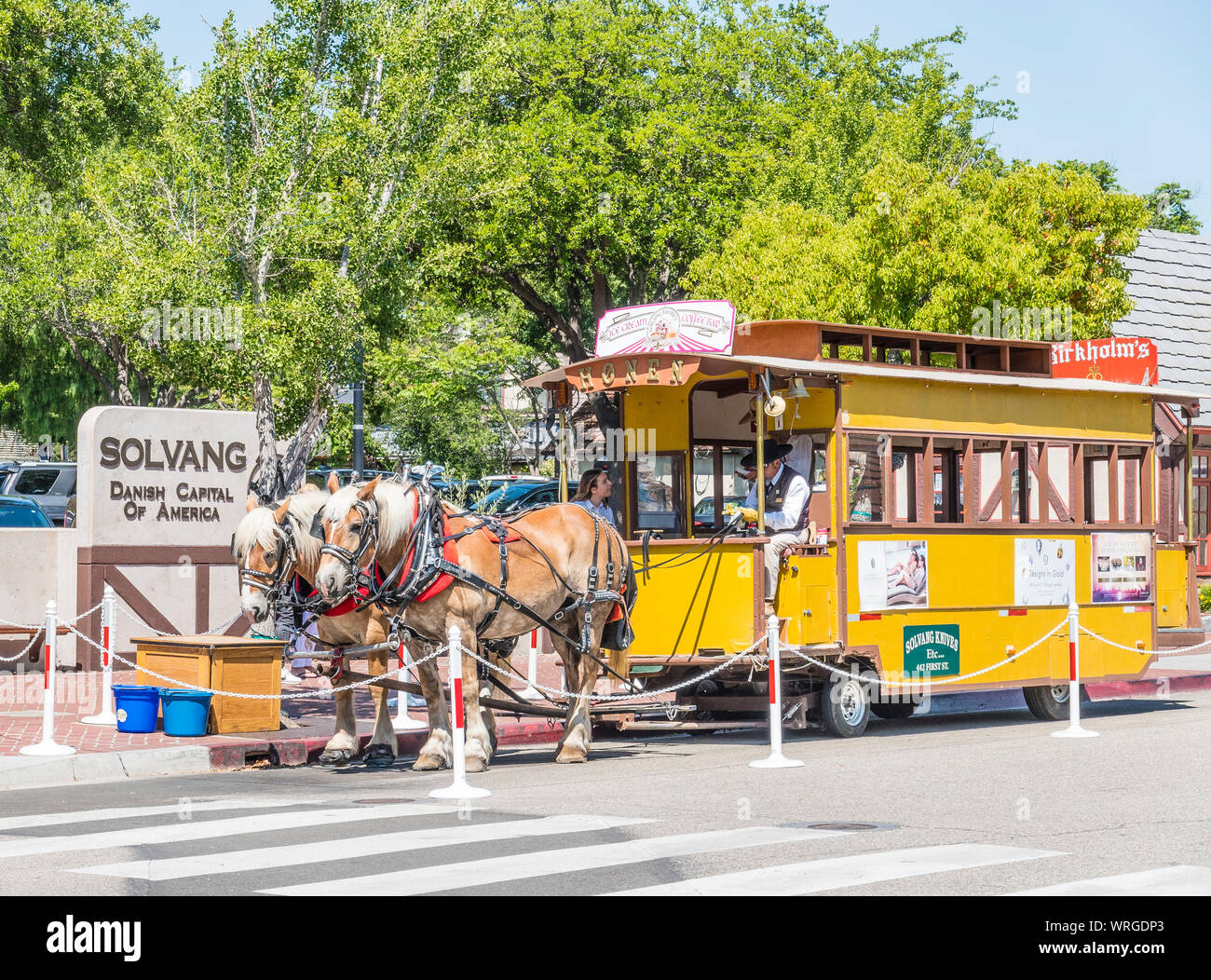Solvang Trolley Rids Two draft horses pull Solvang, California's horse-drawn trolley through ...