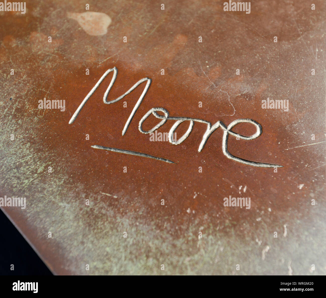 Signature of Henry Moore on one of his art pieces on display at the  Yorkshire Sculpture Park Stock Photo - Alamy