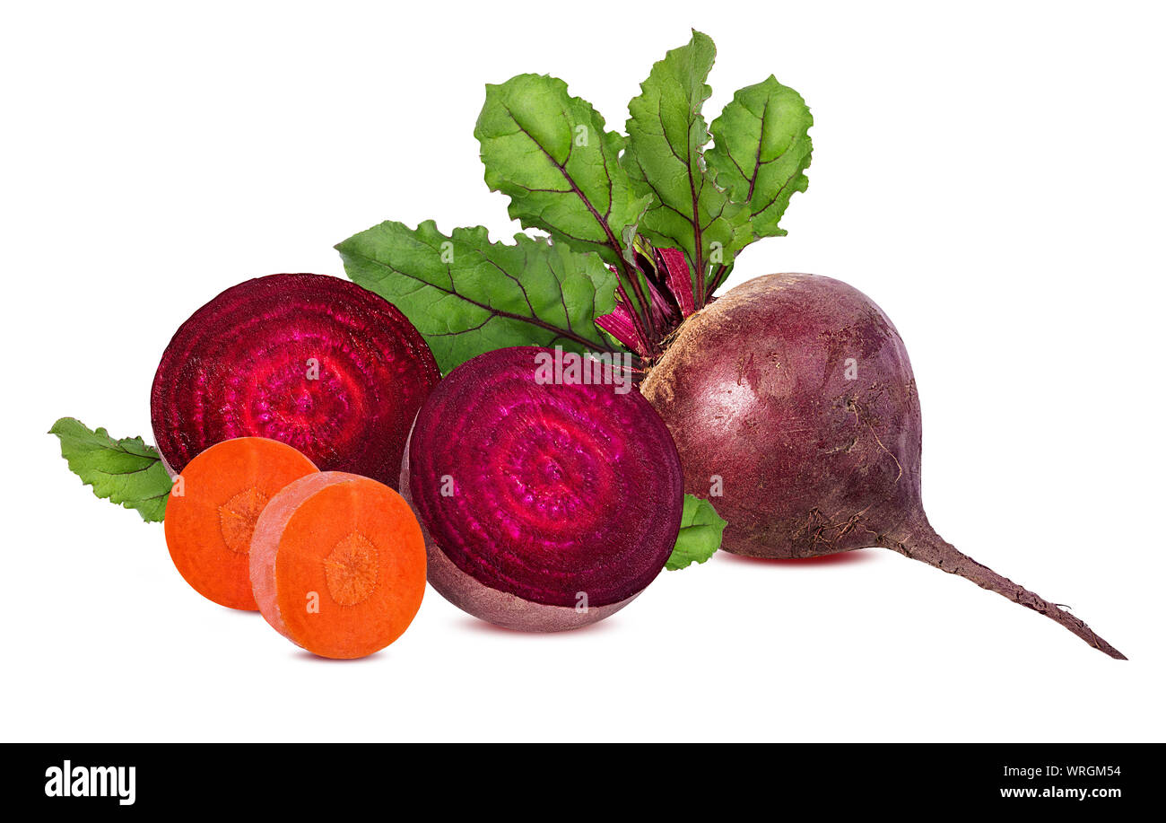 Beetroot and carrot with leaves isolated on white Stock Photo