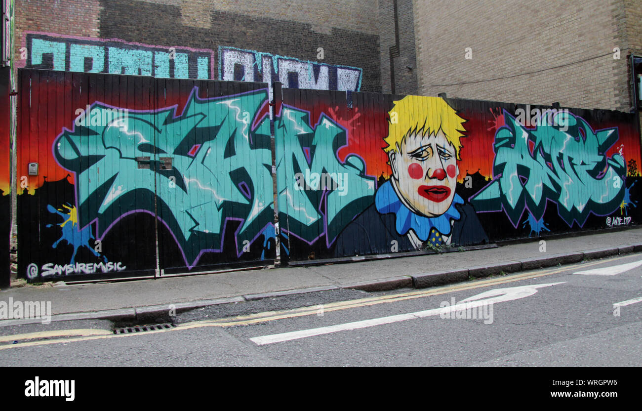 Brick Lane, London, UK - September 10 2019 : Boris Johnson pictured as a Clown by Graffiti artists in East London Stock Photo