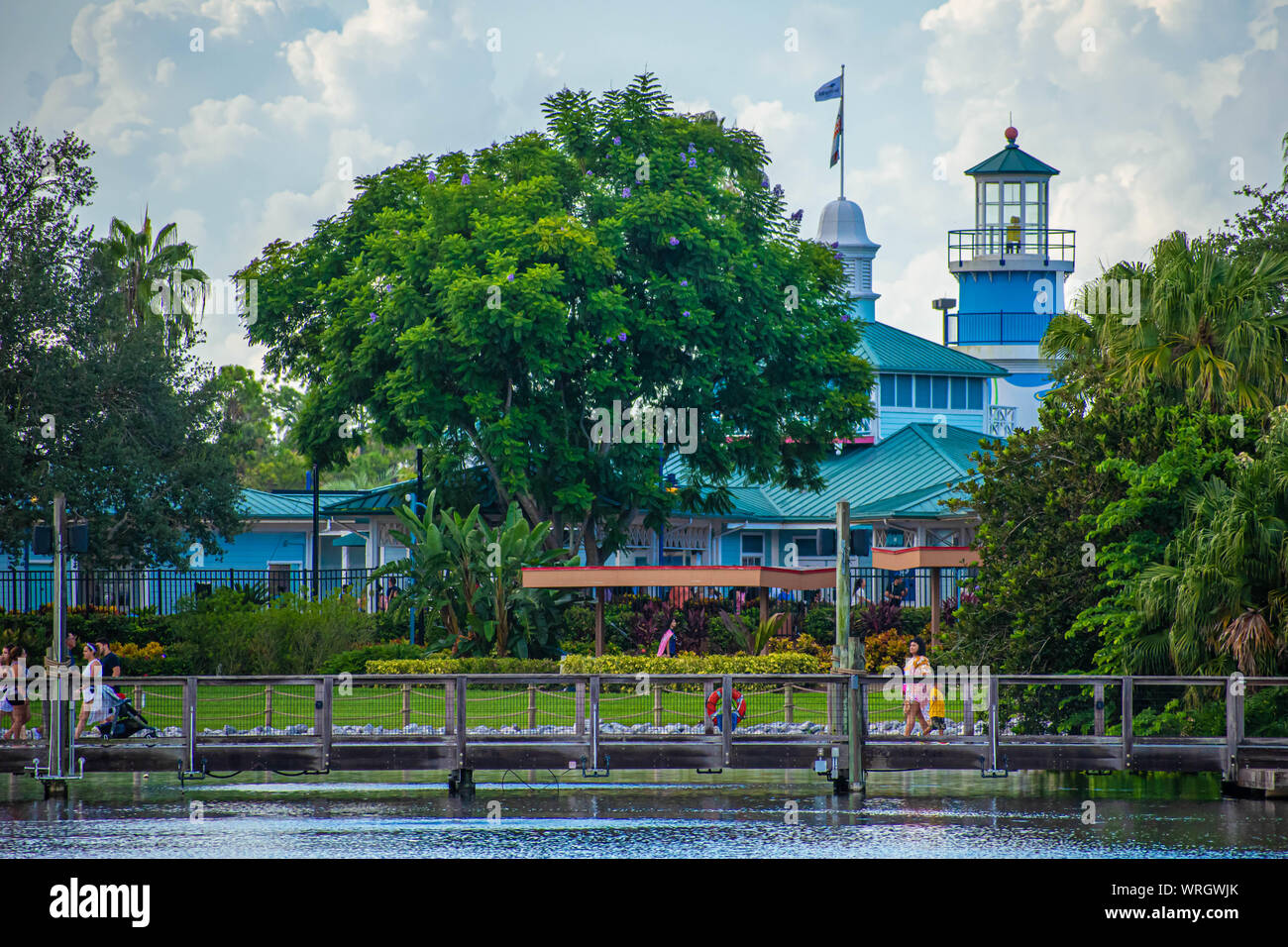 Orlando, Florida. August 31, 2019. Partial view of lighthouse and Seven Seas lagoon bridge at Seaworld Stock Photo