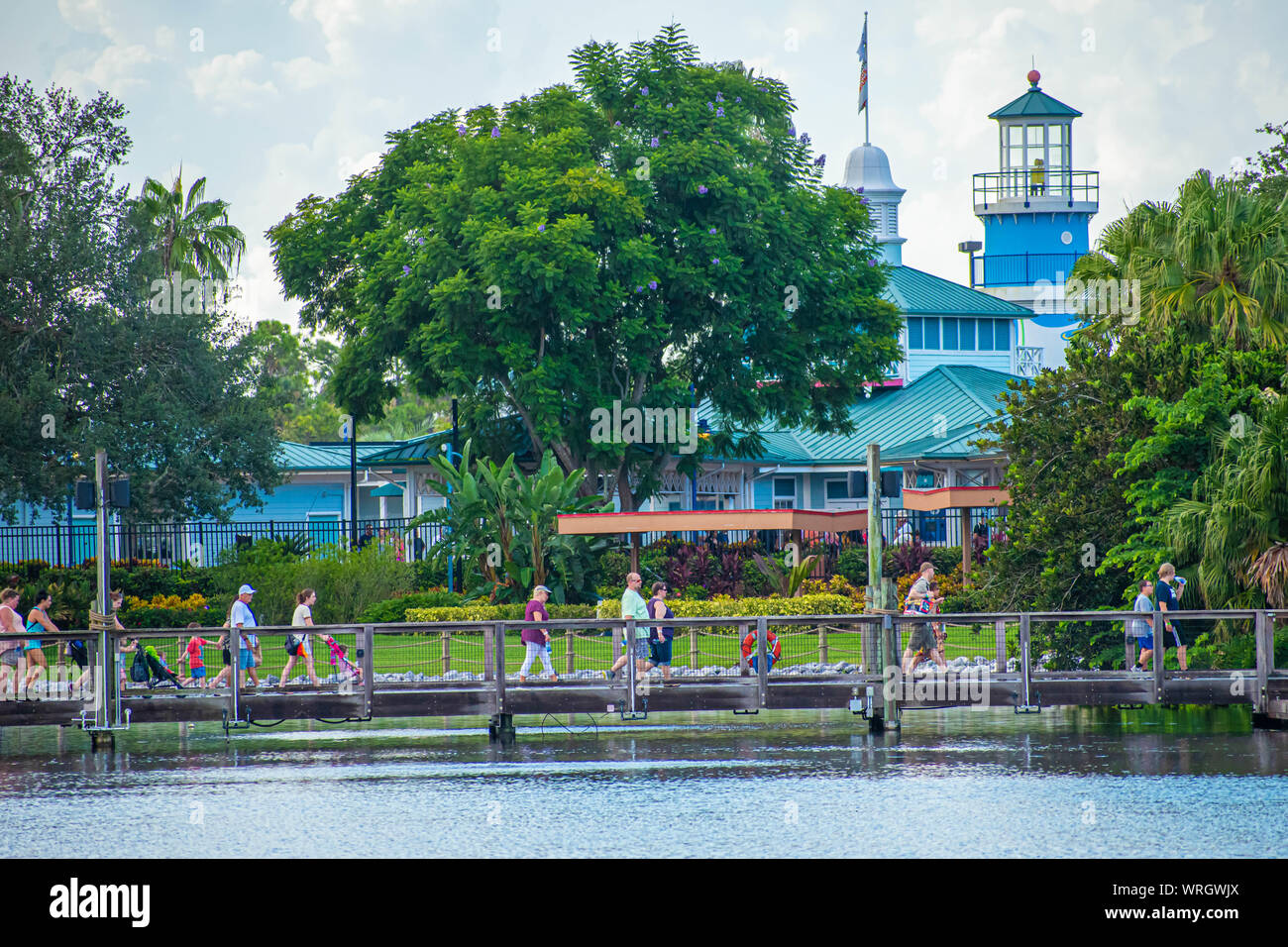 Orlando, Florida. August 31, 2019. Partial view of lighthouse and Seven Seas lagoon bridge at Seaworld Stock Photo