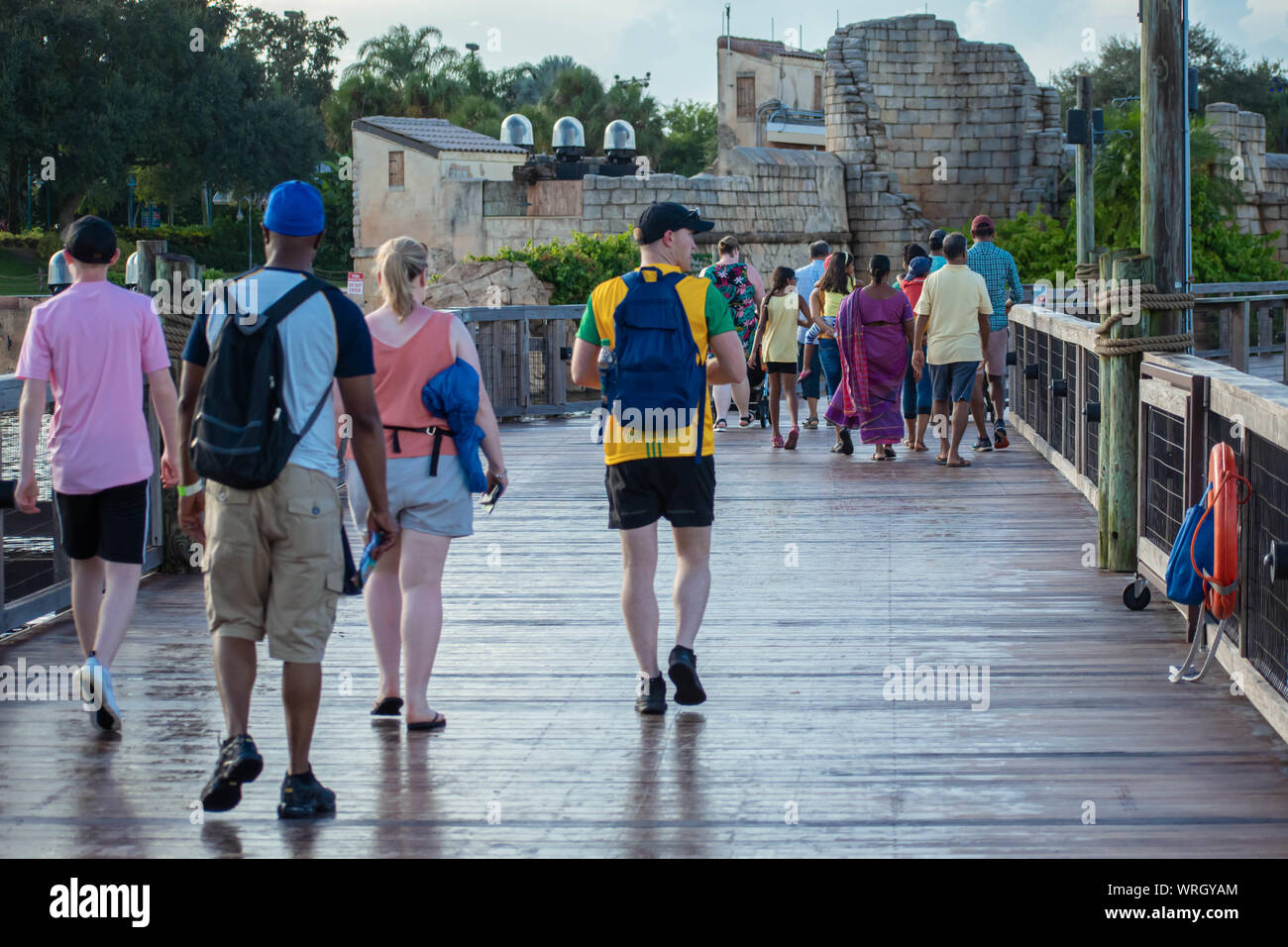 Orlando, Florida. August 31, 2019. People walking on Seven Seas lagoon bridge at Seaworld Stock Photo