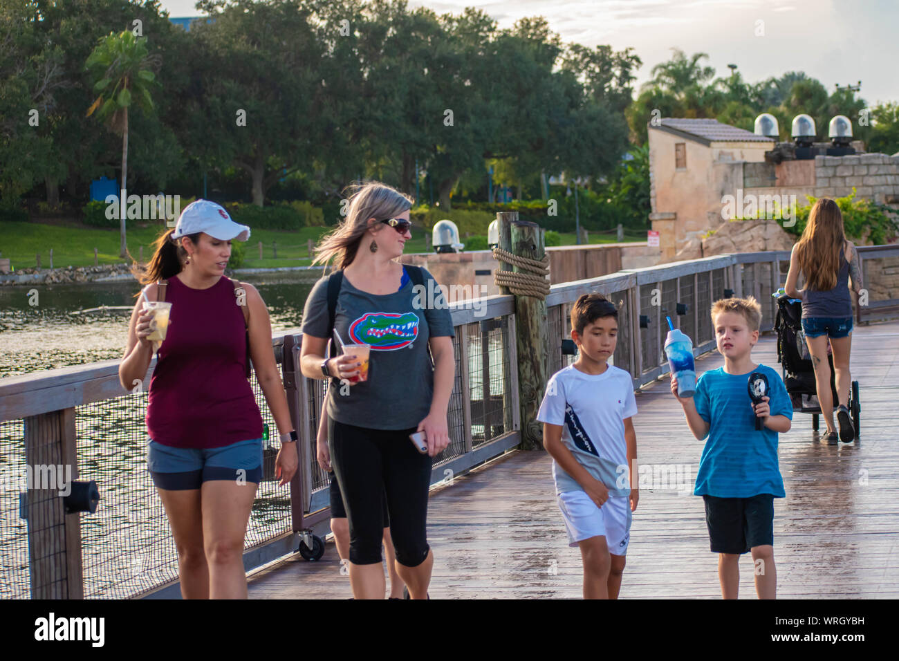 Orlando, Florida. August 31, 2019. People walking on Seven Seas lagoon bridge at Seaworld Stock Photo