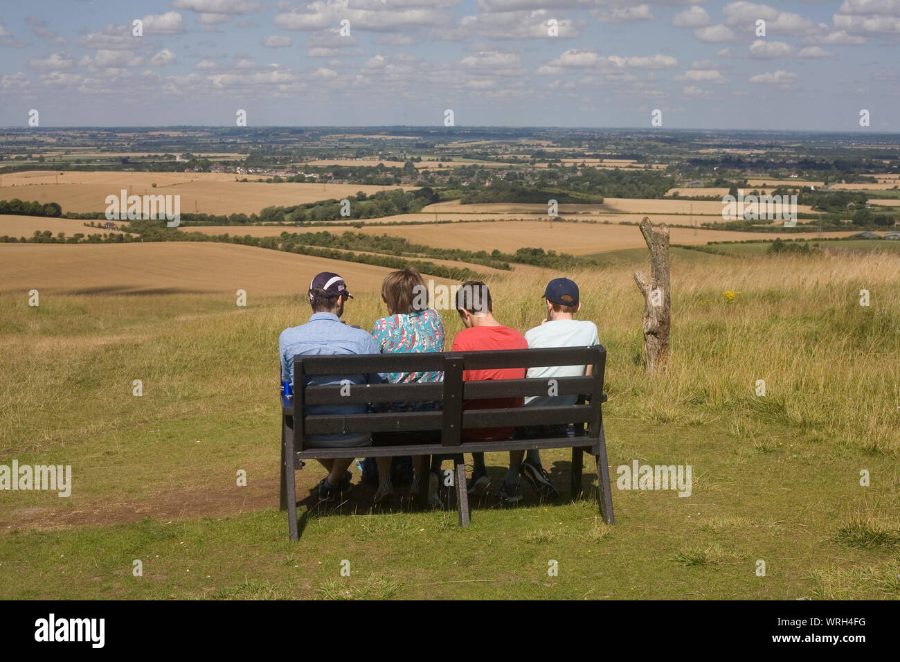 Family of four sit on bench admiring hillside view at Whipsnade on warm summer morning Stock Photo