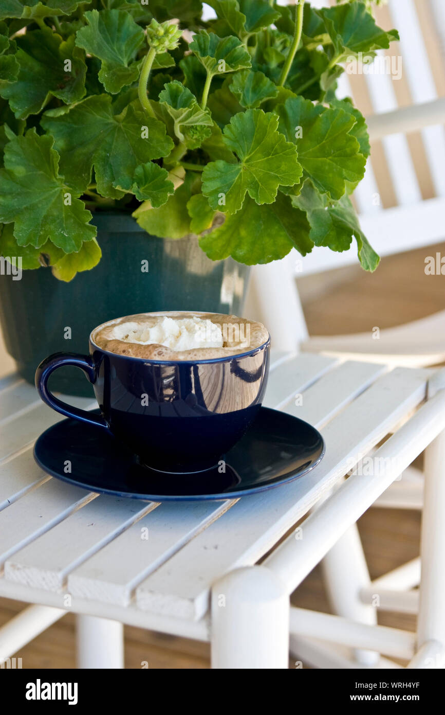 mocha latte coffee on outside table Stock Photo