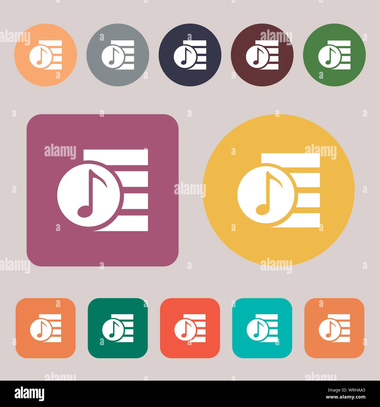 Audio, MP3 file icon sign. 12 colored buttons. Flat design. Vector Stock Vector