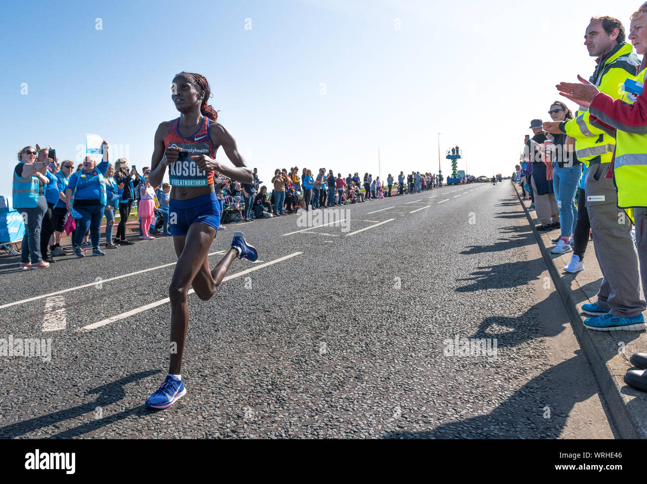 Womens elite runner Brigid Kosgie competing in the 2019 Great North Run from Newcastle to South Shields, England, UK Stock Photo