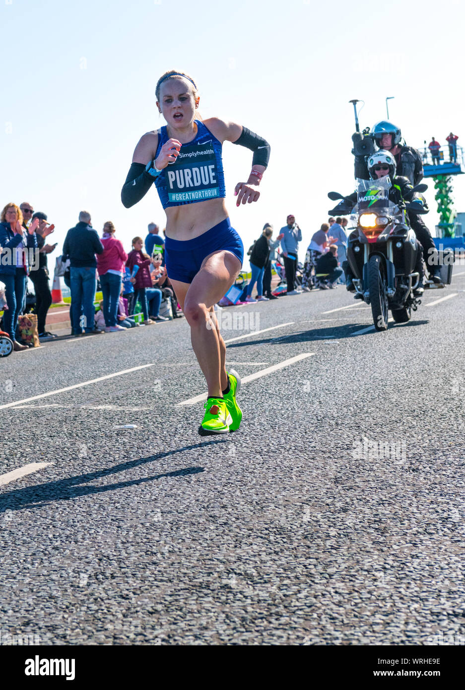 Womens elite runner Charlotte Purdue competing in the 2019 Great North Run from Newcastle to South Shields, England, UK Stock Photo