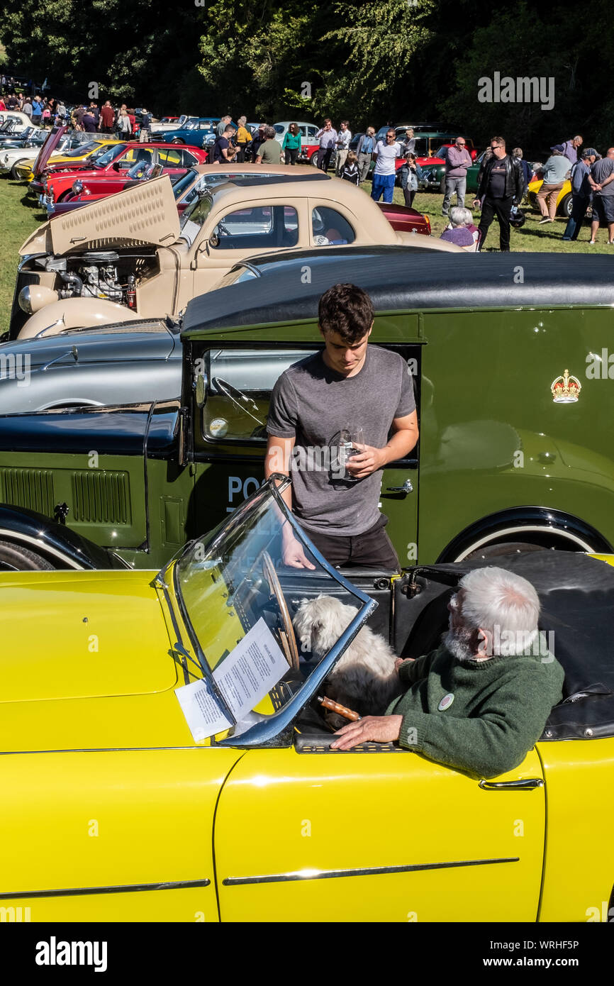 Chatting about cars, classic car show, Hinton Arms, Cheriton, Hampshire, UK Stock Photo