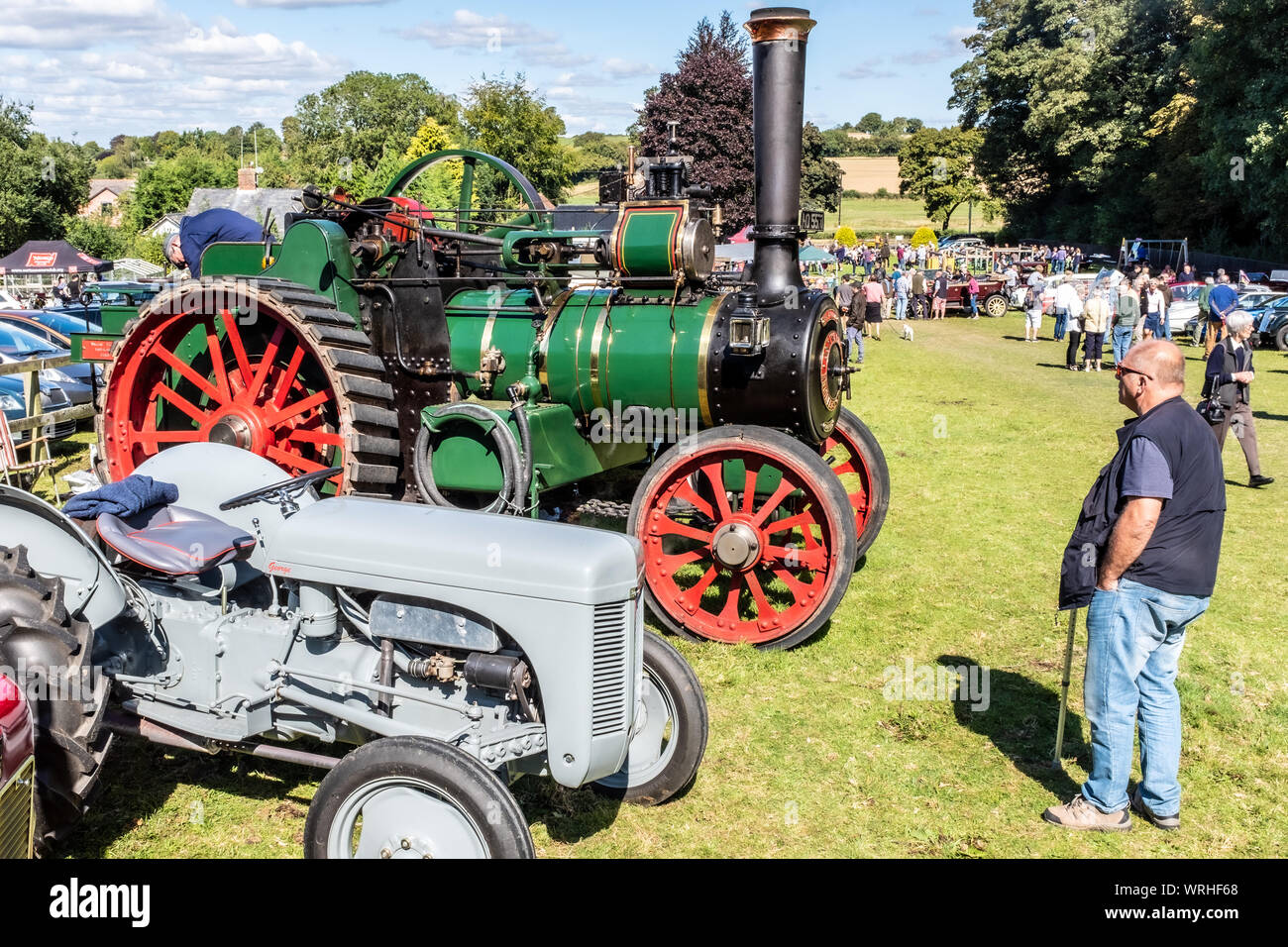 Green steam engine at a classic car show, Hinton Arms, Cheriton, Hampshire, UK Stock Photo