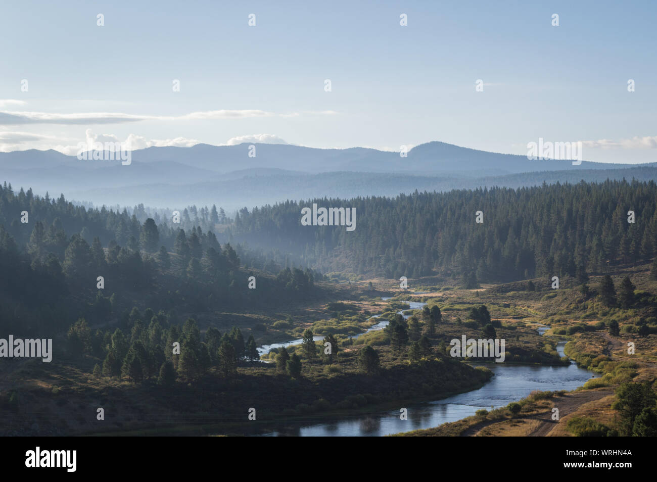 A beautiful landscape from the lesser-known public land at Prosser Reservoir in Truckee near Lake Tahoe during the early morning in late summer. Stock Photo