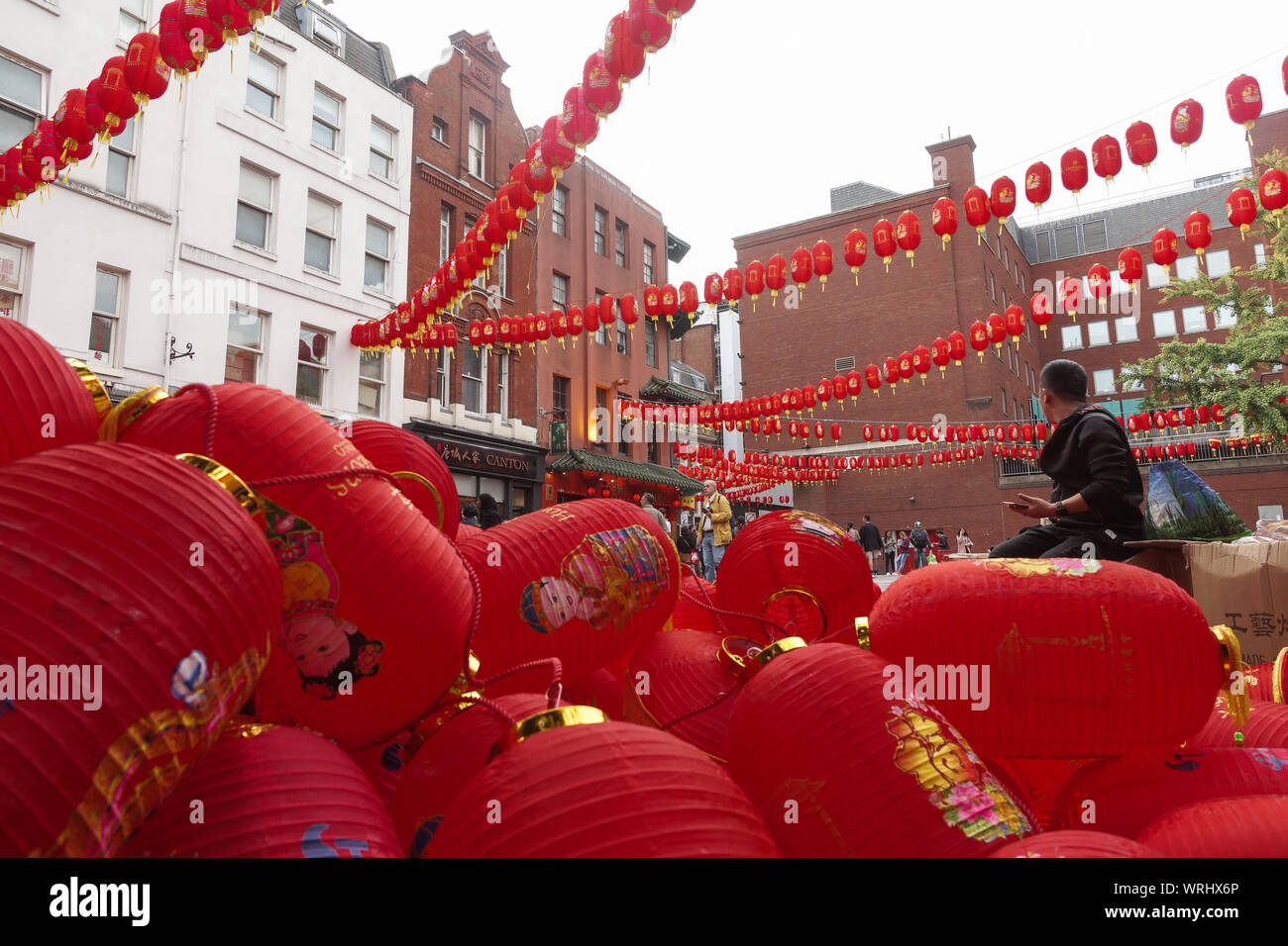 London, UK. 10th Sep, 2019. 10 September 2019. London, UK.Chinatown in Soho prepares for Chinese traditional mid-autumn festival with strings of decorated red lanterns strung above the street. Credit Peter Hogan/Alamy Credit: Peter Hogan/Alamy Live News Stock Photo