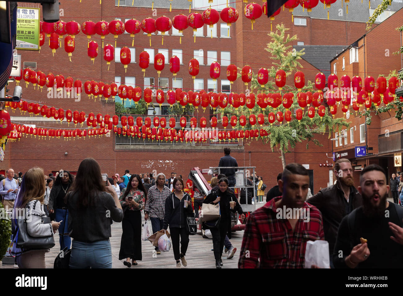 London, UK. 10th Sep, 2019. 10 September 2019. London, UK.Chinatown in Soho prepares for Chinese traditional mid-autumn festival with strings of decorated red lanterns strung above the street. Credit Peter Hogan/Alamy Credit: Peter Hogan/Alamy Live News Stock Photo