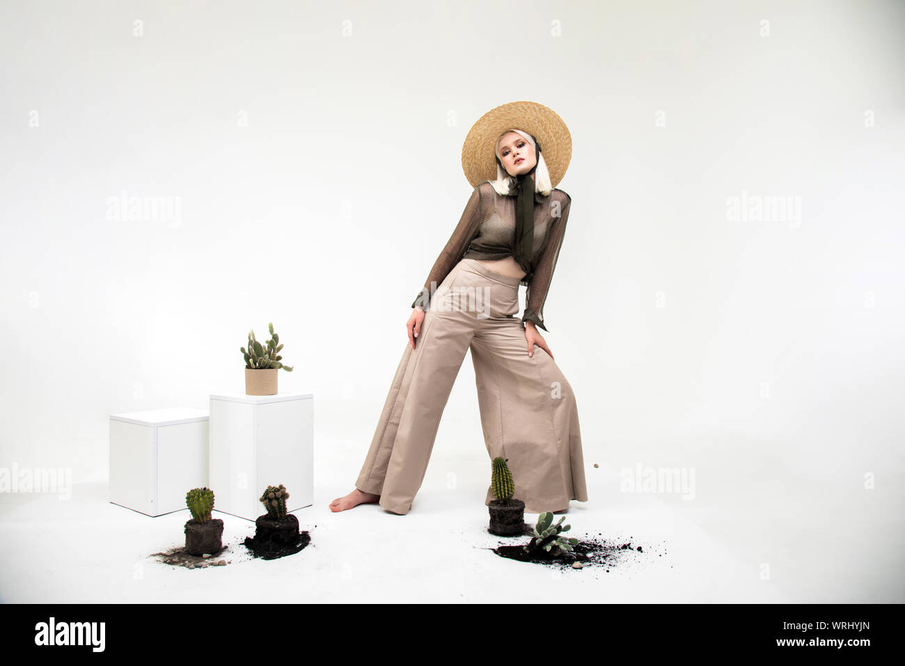 Attractive platinum blonde girl in straw hat and loose trousers replanting cactuses isolated white background Stock Photo
