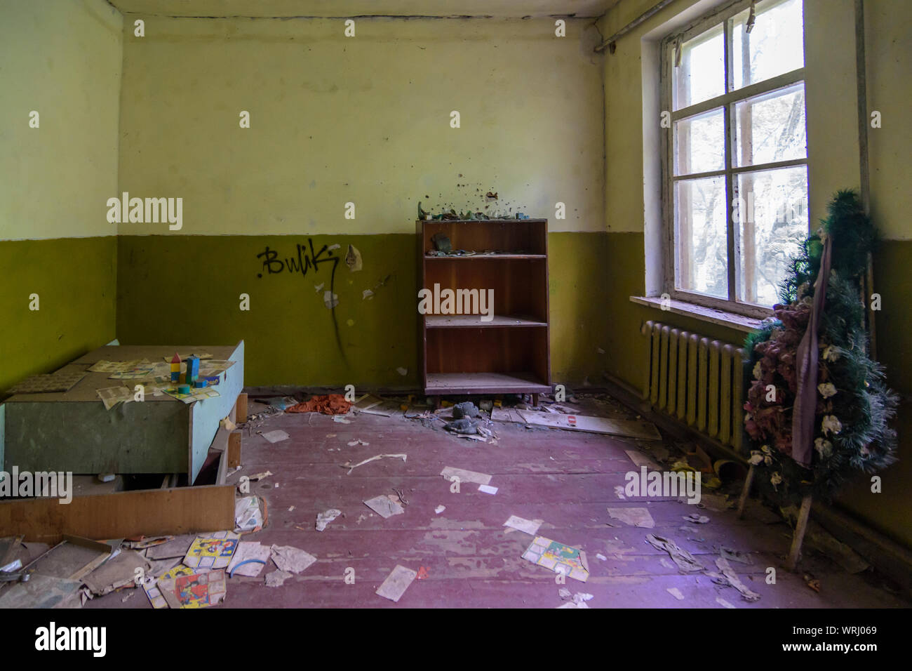 Chernobyl (Chornobyl): abandoned kindergarten of Kopachi in Chernobyl (Chornobyl) Exclusion Zone, Kiev Oblast, Ukraine Stock Photo