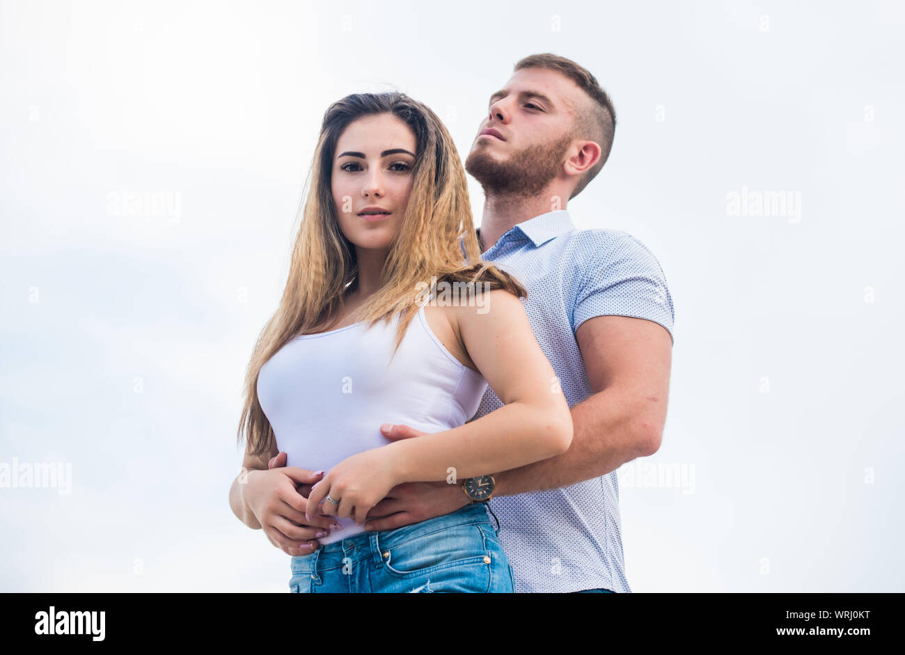 Couple in love. Man and woman cuddle nature background. True love. Supporting her. Family love. Devotion and trust. Together forever we two. Love story picture