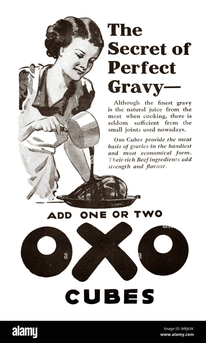 Early 1930's, 'tween the wars print advertising for Oxo Cubes. A concentrated beef ingredients used as a basis for gravy. Originally a concentrated, viscous liquid meat extract developed by the Extract of Meat Company (Lemco) introducing the trademark Oxo in 1899. However, the cost of liquid Oxo remained beyond the reach of many families, and the company launched a research project to develop a solid version that could be sold in cubes for a penny. After much research, the first Oxo cubes were produced in 1910 and further increased Oxo's popularity. Stock Photo
