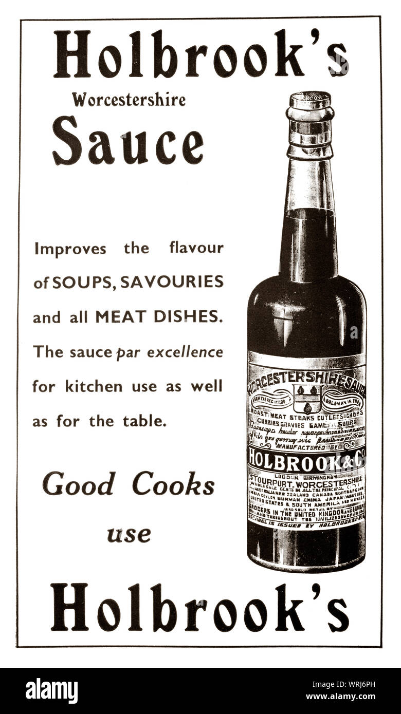Early 1930's, 'tween the wars print advertising forHolbrook's Worcester Sauce flavour addition. The fermented liquid condiment was created in the city of Worcester in Worcestershire, England, in the first half of the 19th century. It is used to enhance food and drink recipes, including Welsh rarebit, Caesar salad, Oysters Kirkpatrick, deviled eggs, and more recently chili con carne and beef stew. It is also used to flavour cocktails such as the Bloody Mary and Caesar. Stock Photo