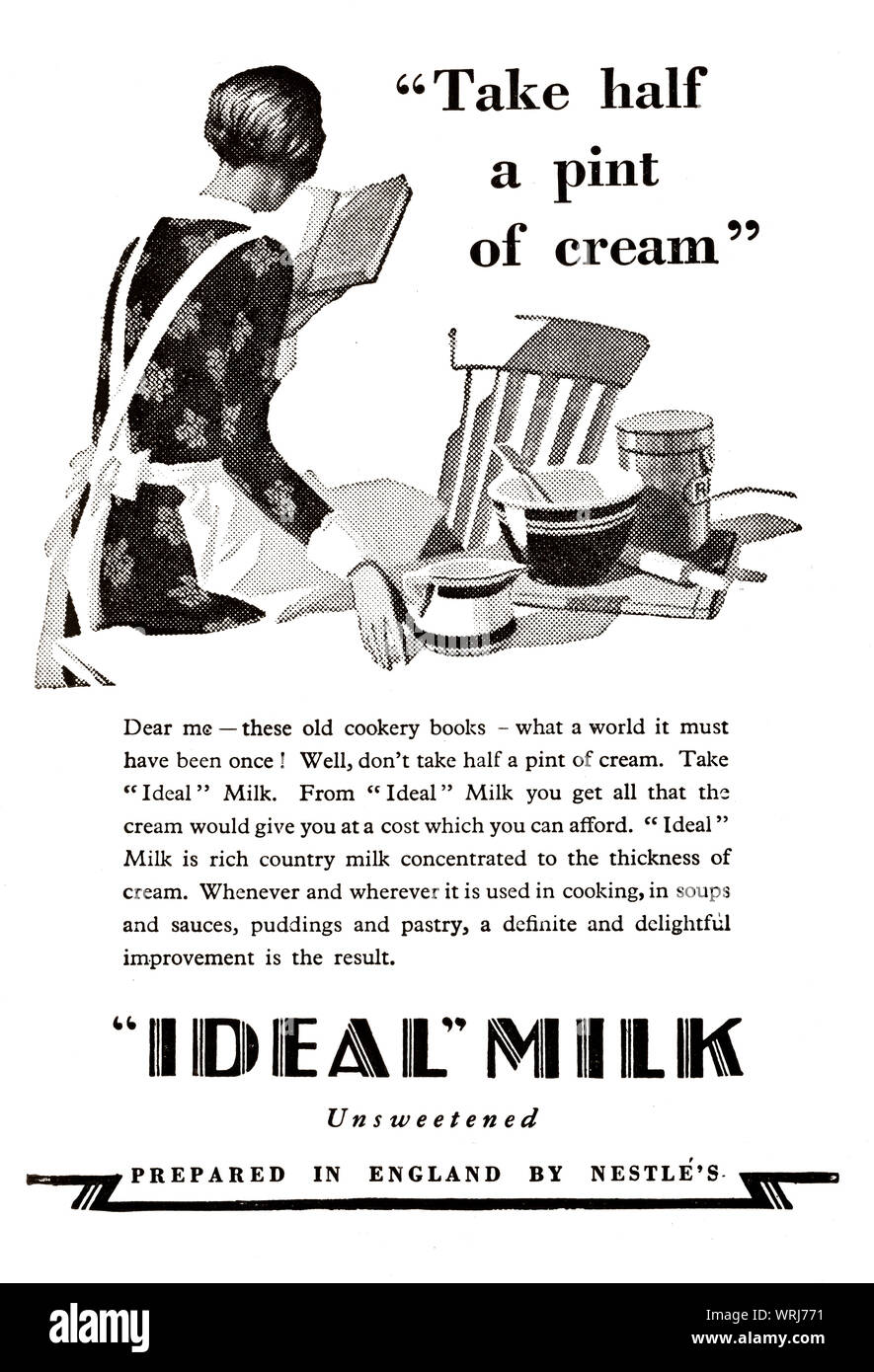 Early 1930's, 'tween the wars print advertising for Ideal original full cream evaporated milk. With a rich, creamy taste and a good source of nutrients, made from full cream milk with natural calcium and enriched with vitamin D, it was popular as an addition to sweet or savory dishes, pastries, beverages,smoothies, cereals and tea. Stock Photo