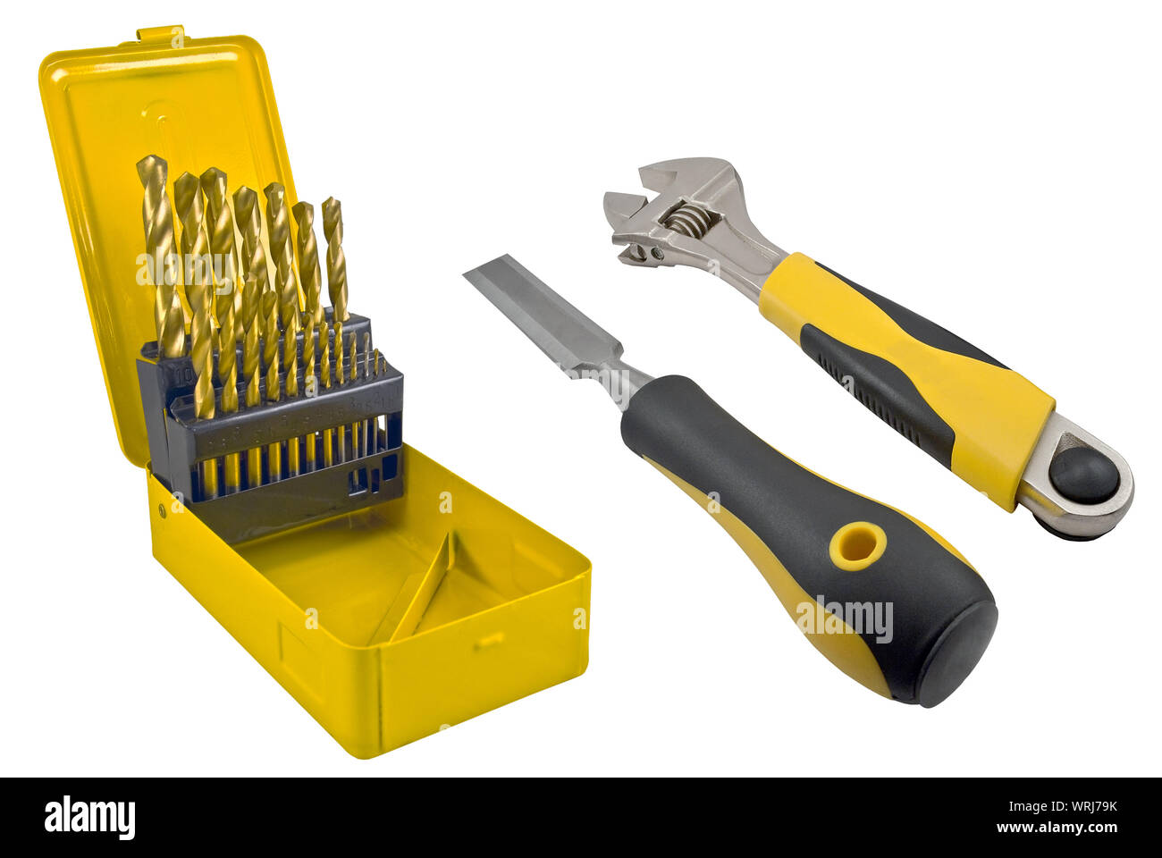 Drill, Spanner and chisel isolated on white Stock Photo Alamy