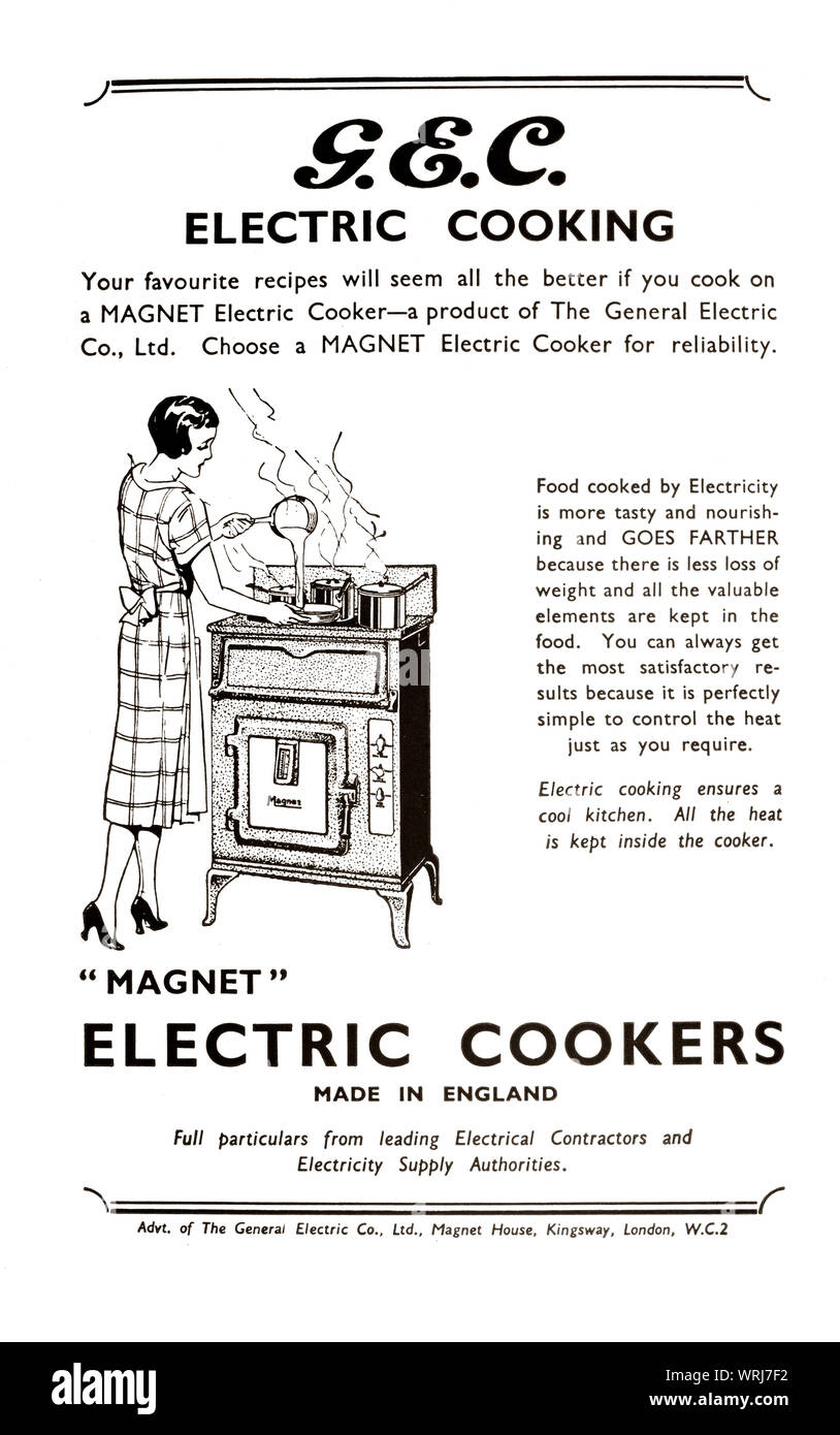 Early 1930's, 'tween the wars print advertising for the Magnet Electric Cooker produced by G.E.C. The advertisement claims that food cooked on its appliance is tastier, more nourishing and goes further Stock Photo