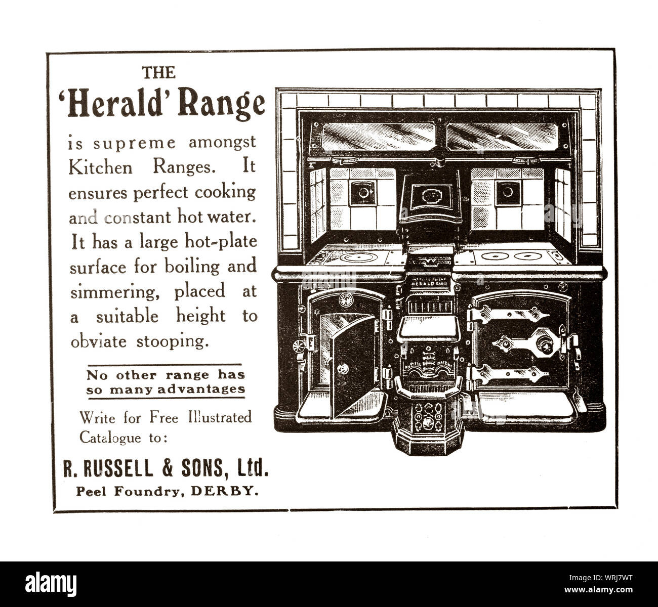Early 1930's, 'tween the wars print advertising for the Herald Cast Iron Kitchen Range.  Victorian and Edwardian coal-fired kitchen ranges still existed in many old houses until the 1960s and 70s and even later. They came in many shapes and sizes, suitable for different sized rooms, different sizes of families and different types of cooking. Stock Photo
