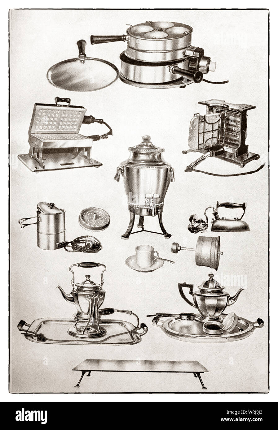 The latest kichenware displayed at the beginning of the 1930s in Mrs Beeton's 'All About Cookery' 1930 Edition. The featured items, all electric table apparatus include a griller; waffle iron; toaster; liquid heater; coffee percolator; iron; kettle; tea pot (with infuser) and a hot plate. Stock Photo