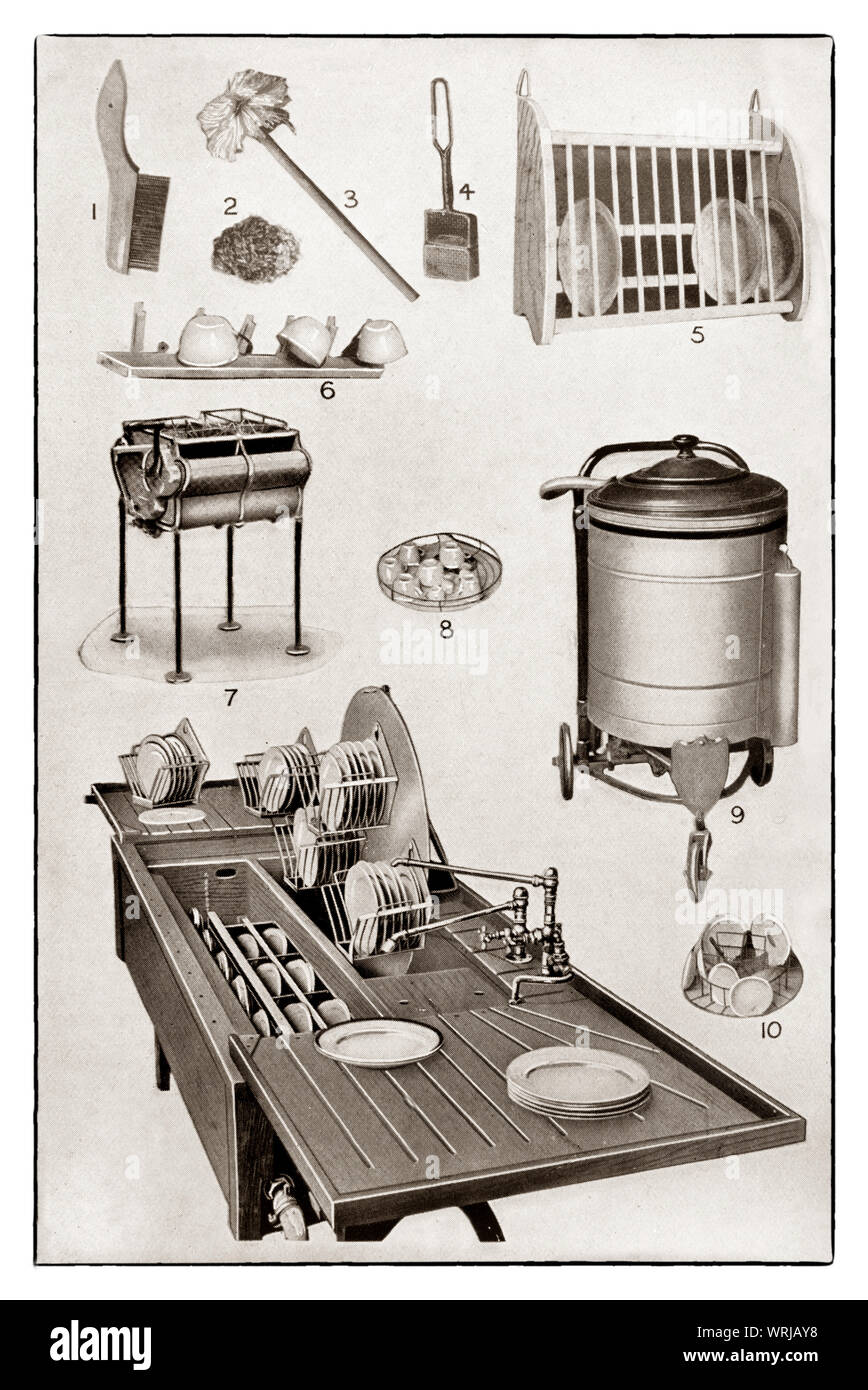 The latest kichenware displayed at the beginning of the 1930s in Mrs Beeton's 'All About Cookery' 1930 Edition. The featured items, all crockery washers,  include 1. wire saucepan brush; 2. pan scourer: 3. dish mop; 4. soap basket;  5. plate rack; 6. Cup Rack; 7. hand operated crockery washer;  9. Electrically operated crockery washer and interior fittings - 8 & 10;  11. electrically controlled water flow crockery washer. Stock Photo
