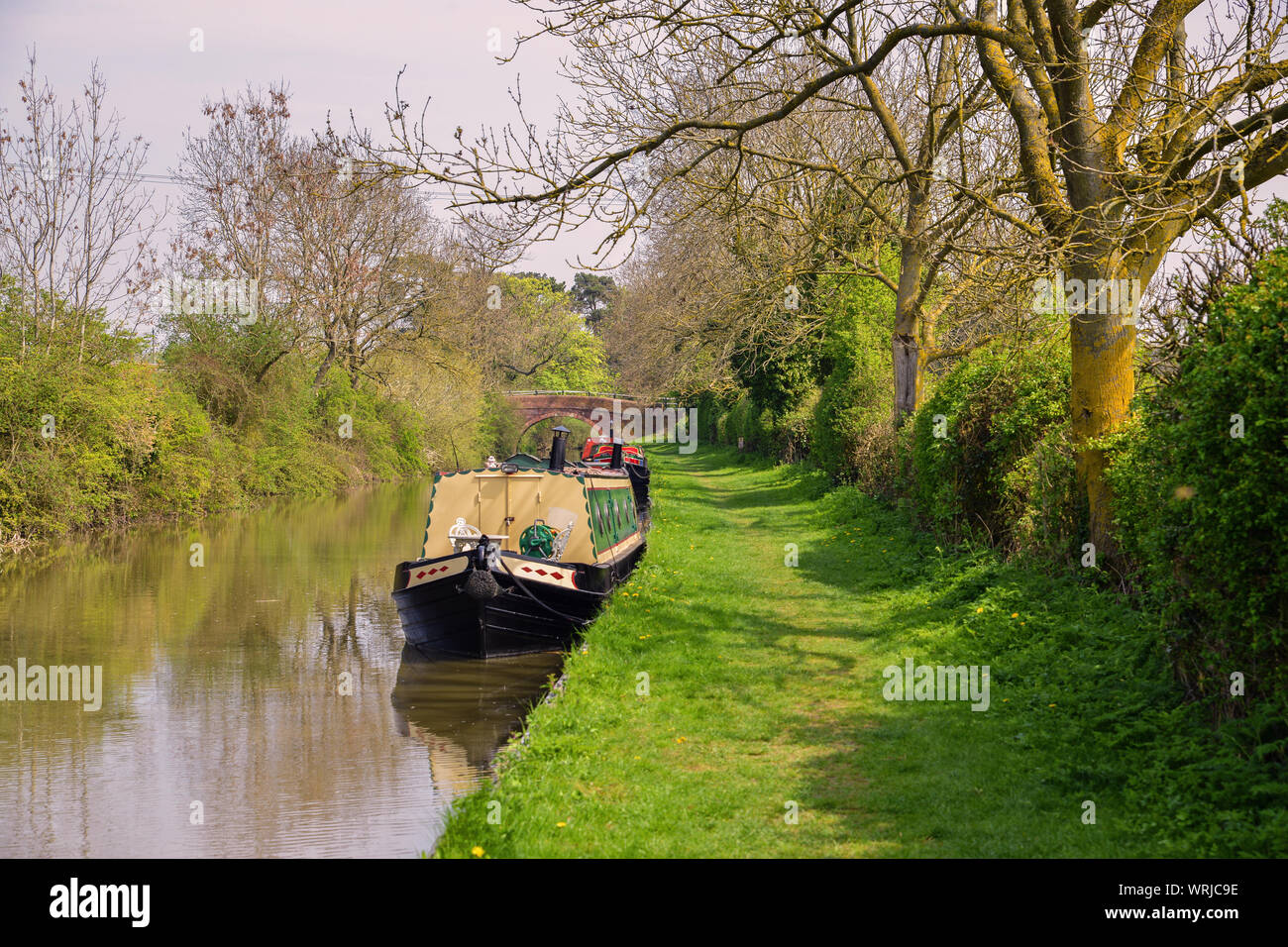 Narrow boats on Moored on canal side. Stock Photo