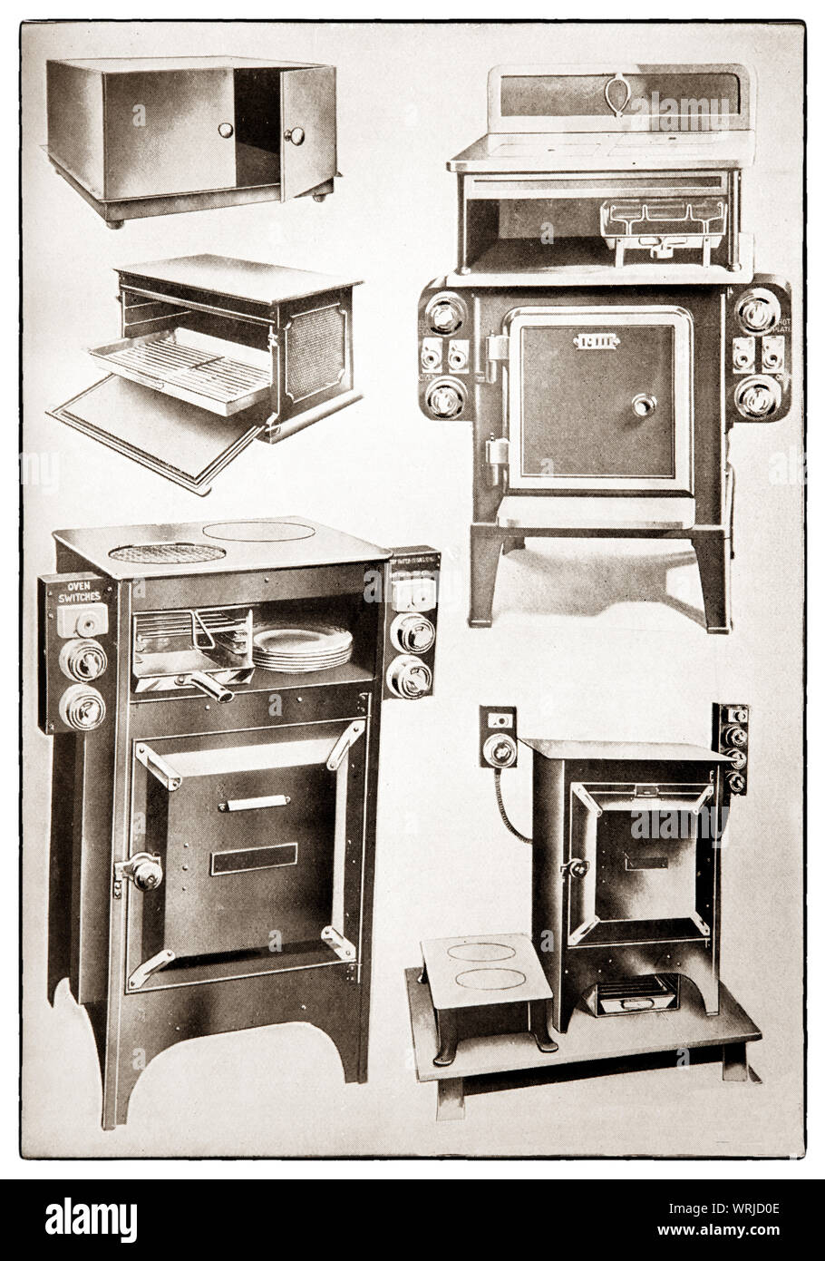 The latest kichenware displayed at the beginning of the 1930s in Mrs Beeton's 'All About Cookery' 1930 Edition. The featured electrically operated items include a hot cupboard; electric griller; electric cooker; small oven; hot plates. Stock Photo