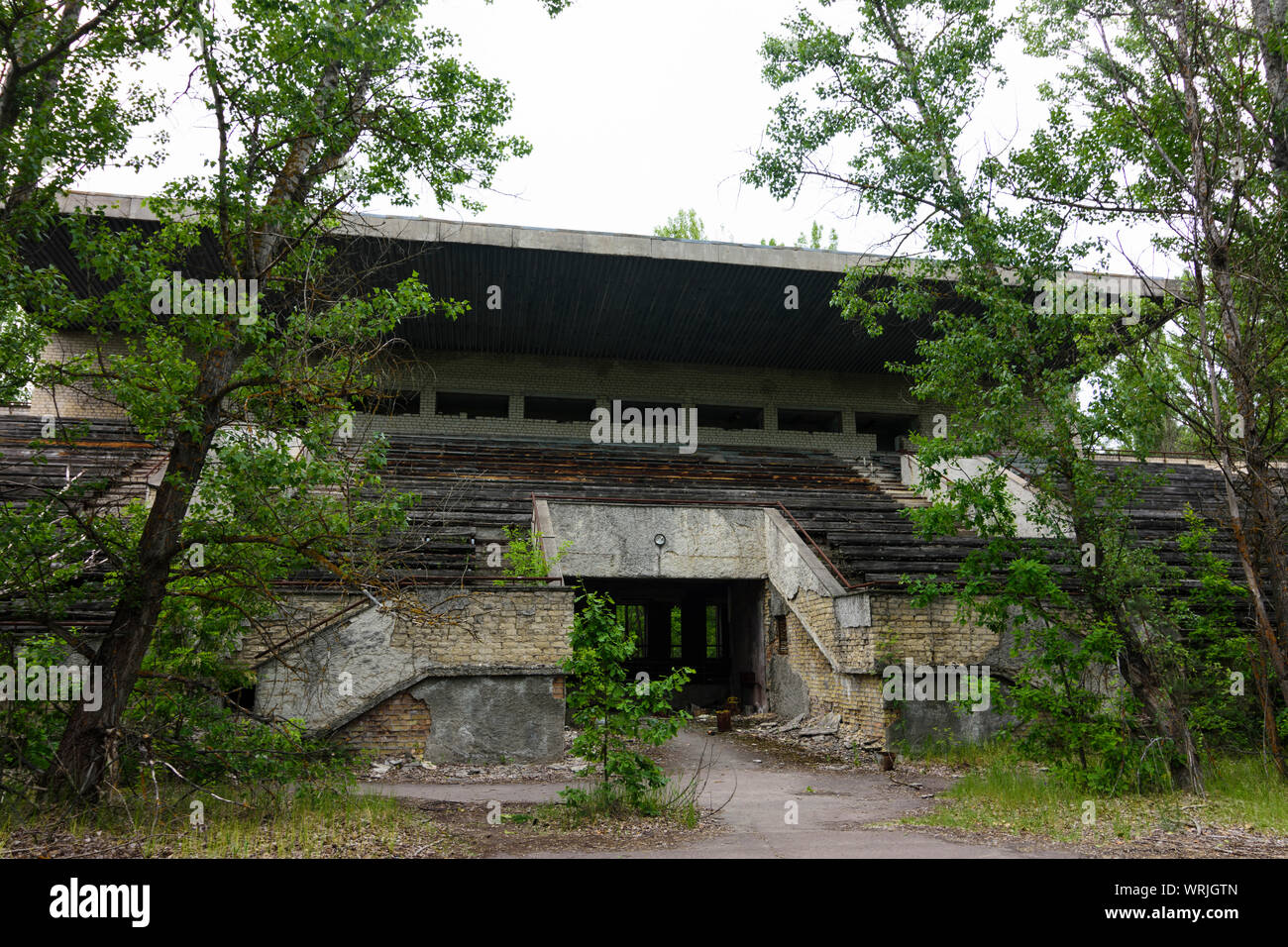 Pripyat (Prypiat): abandoned Avanhard Stadium in Chernobyl (Chornobyl) Exclusion Zone, Kiev Oblast, Ukraine Stock Photo