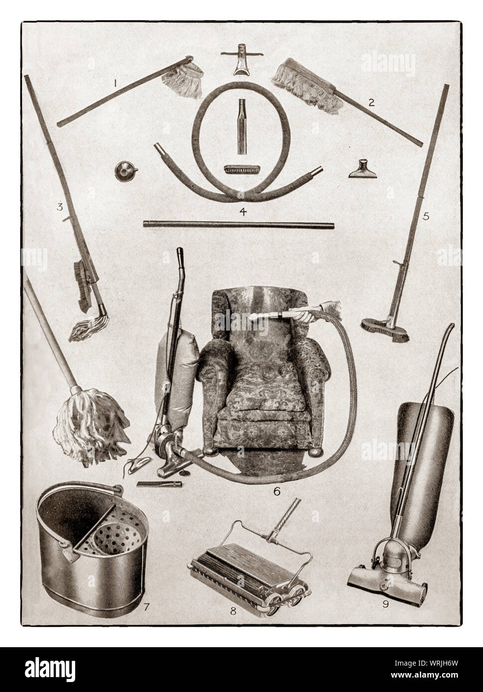 The latest kichenware displayed at the beginning of the 1930s in Mrs Beeton's 'All About Cookery' 1930 Edition. The featured labour saving items include 1&2. dusting mops;  3&5 combined long handled mop and scrubber; 4. component parts of suction sweeper; 6. suction sweeper cleaning chair; 7. bucket with mop wringer; 8. mechanical carpet sweeper; 9. suction sweeper Stock Photo