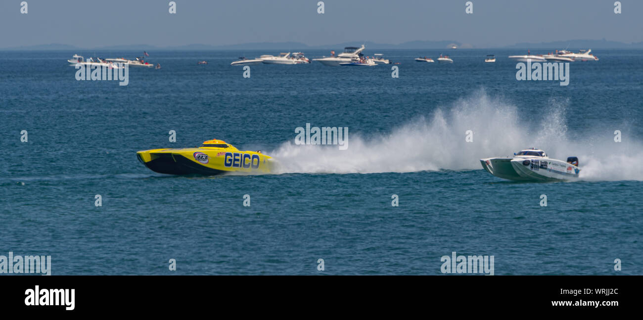 Michigan City, Indiana /  USA:  08/3/2019  Great Lakes Grand Prix Team Miss Geico Superboat going head to head with Team Scartozis Superboat. Stock Photo