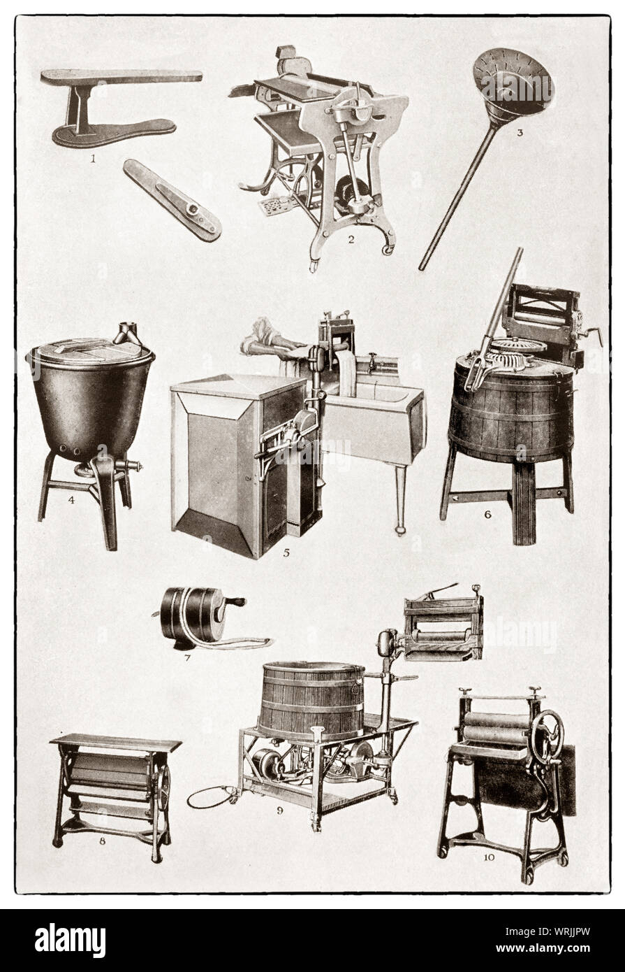 The latest kichenware displayed at the beginning of the 1930s in Mrs Beeton's 'All About Cookery' 1930 Edition. The featured mechanical laundering items include  1. ironing sleeve; 2. electric ironing machine; 3. vacuum clothes washer; 4. gas heated copper; 5. electric washing machine; 6. hand operated washing machine; 7. clothes line protector; 8&10. table mangle; 9. Electric washer and wringer Stock Photo