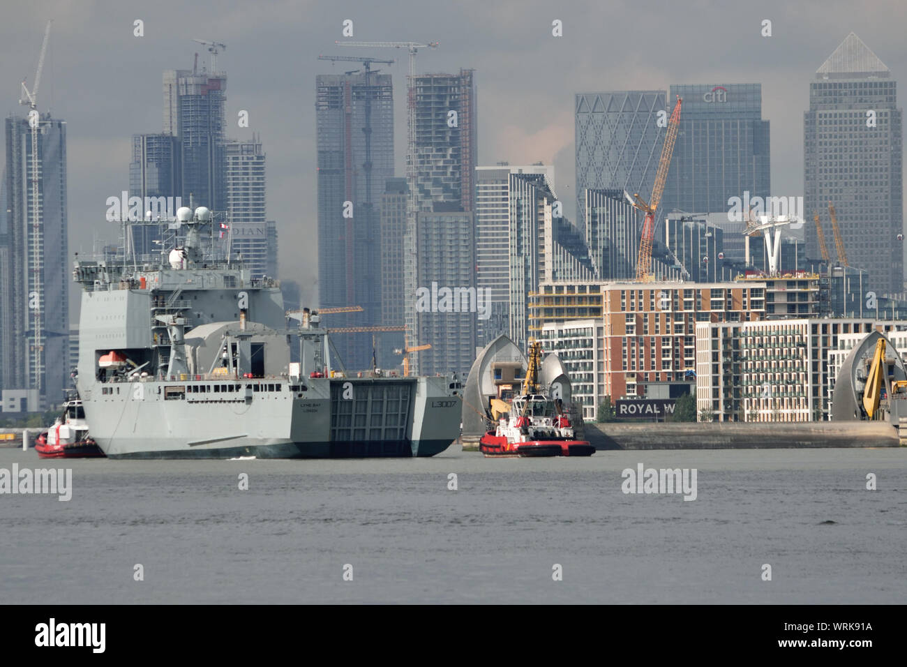 Royal Fleet Auxiliary ship RFA Lyme Bay arriving on the River Thames on a visit London Stock Photo