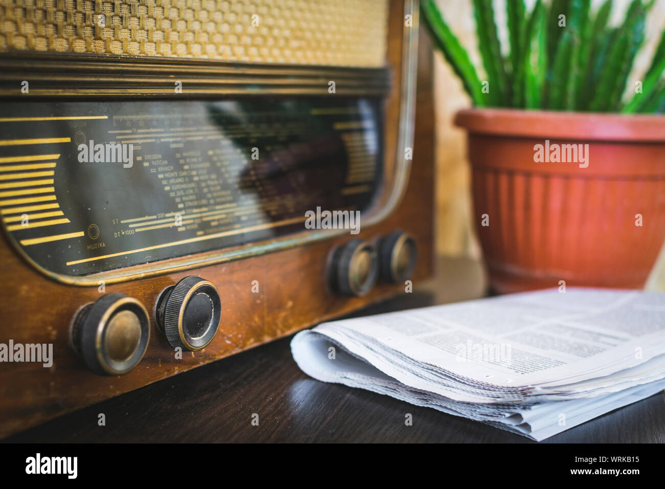 Close up on old vintage radio on hardwood , newspapers and cactus in flower  pot Selective focus Stock Photo - Alamy