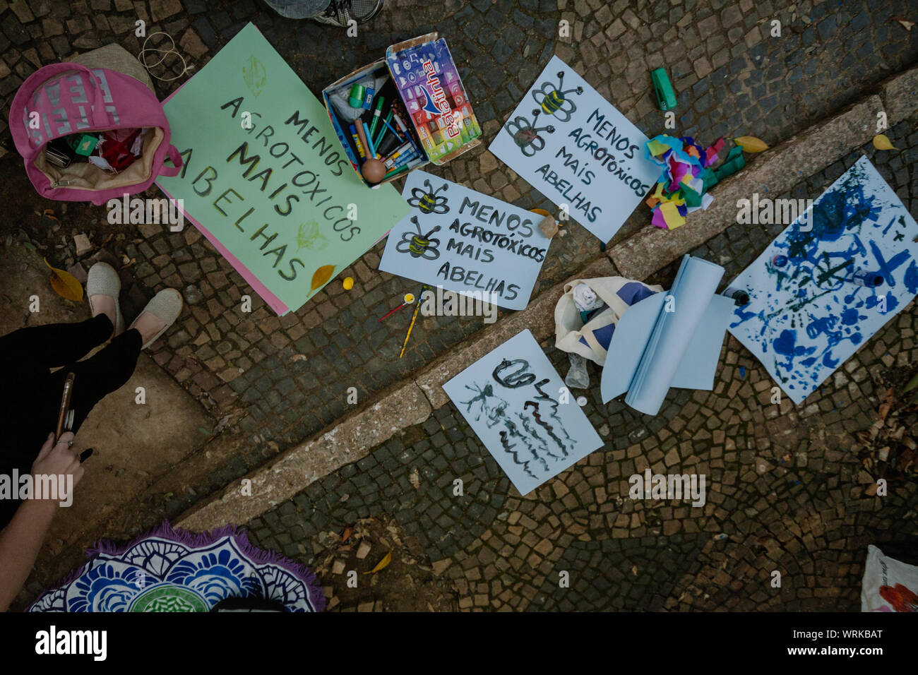Save the bees banners made by children in a pro environment protest during the brazilian independence day Stock Photo