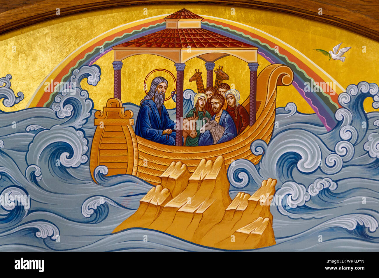 The icon of the Noah's Ark. Part of the Iconostasis in the Greek Catholic church of Saint Elijah. Stock Photo