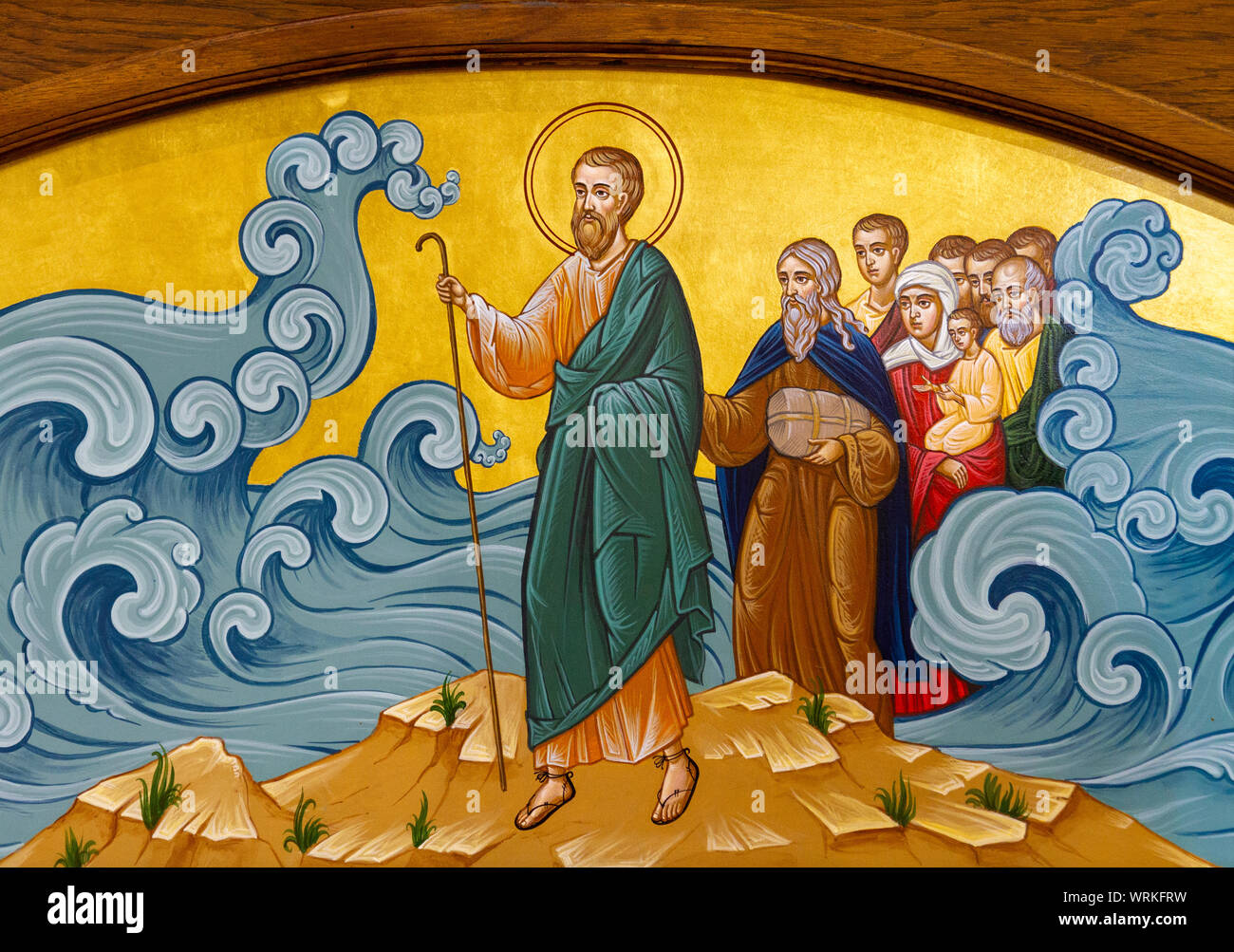 The icon of The Crossing of the Red Sea – Moses leading Israelites through the Sea of Reeds. The Greek Catholic church of Saint Elijah. Stock Photo