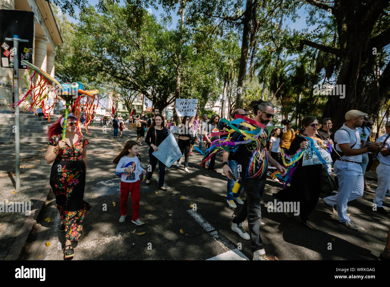 Crowd in the streets marching for amazonia and less pesticides in a pro environment protest during the brazilian independence day Stock Photo