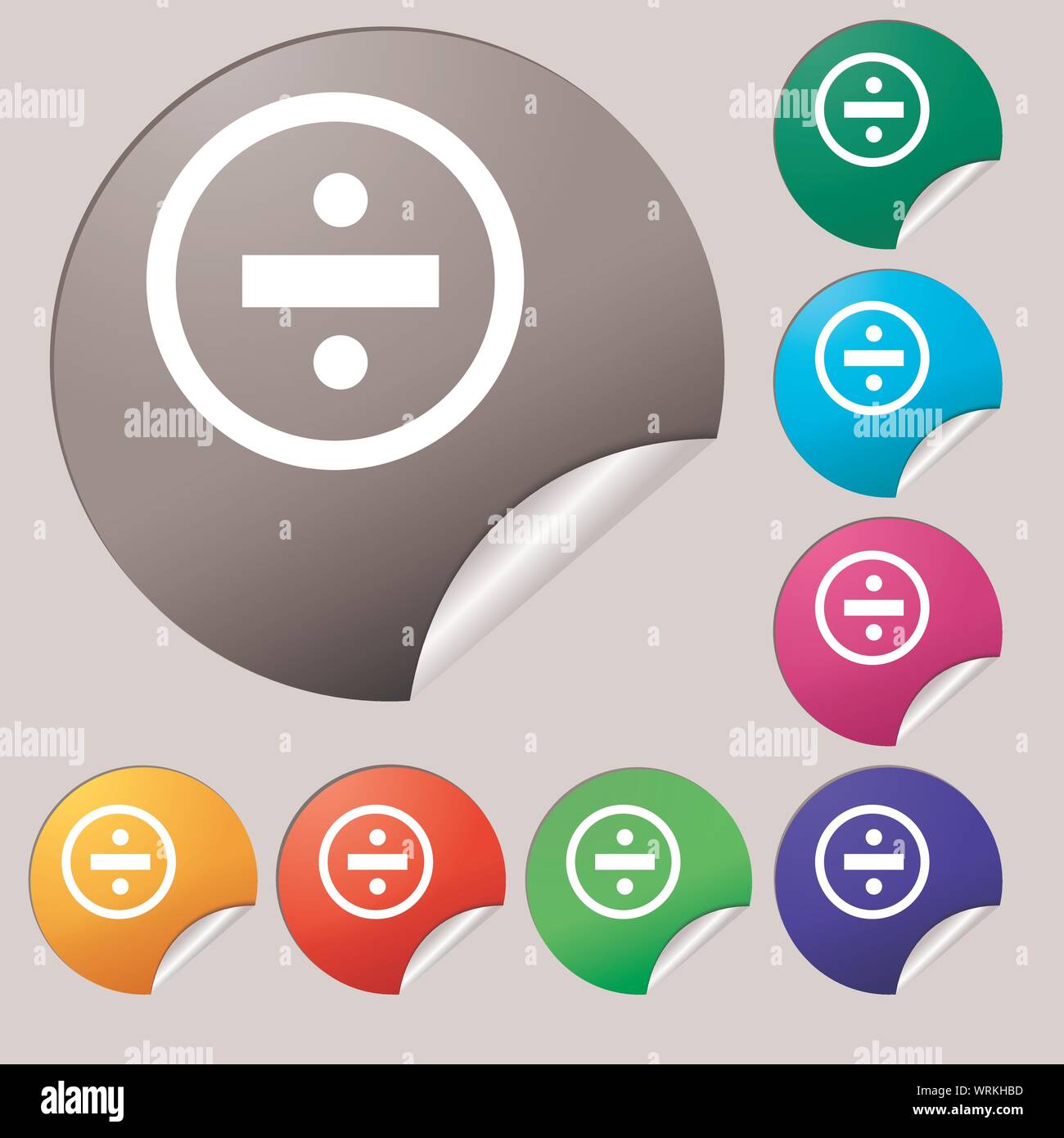 dividing icon sign. Set of eight multi colored round buttons, stickers ...