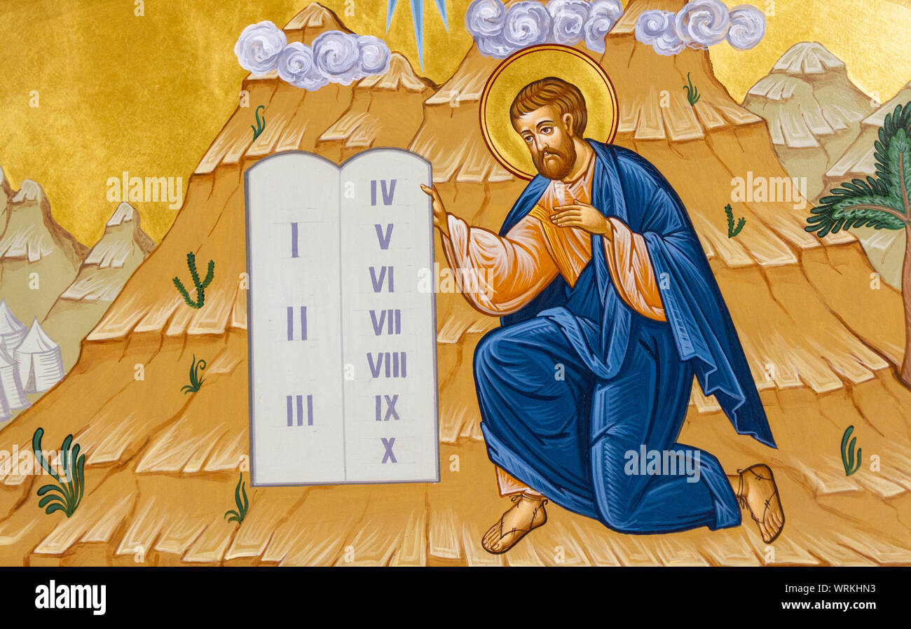 The icon of Moses receiving the Ten Commandments on the Mount Sinai. The Greek Catholic church of Saint Elijah. Stock Photo