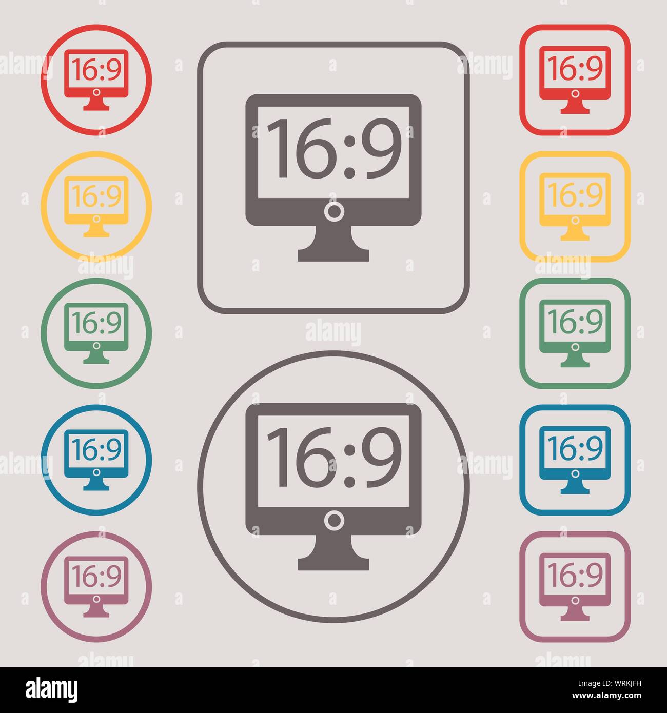 Aspect ratio 16 9 widescreen tv icon sign. Symbols on the Round and ...