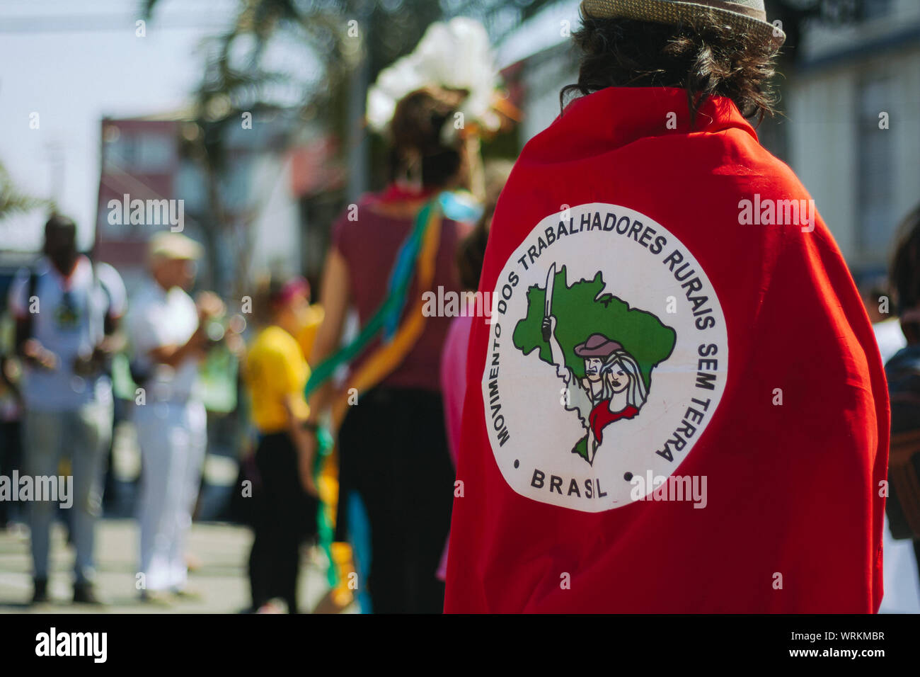 MST (movimento dos sem terra) red flag in a pro environment protest during the brazilian independence day Stock Photo