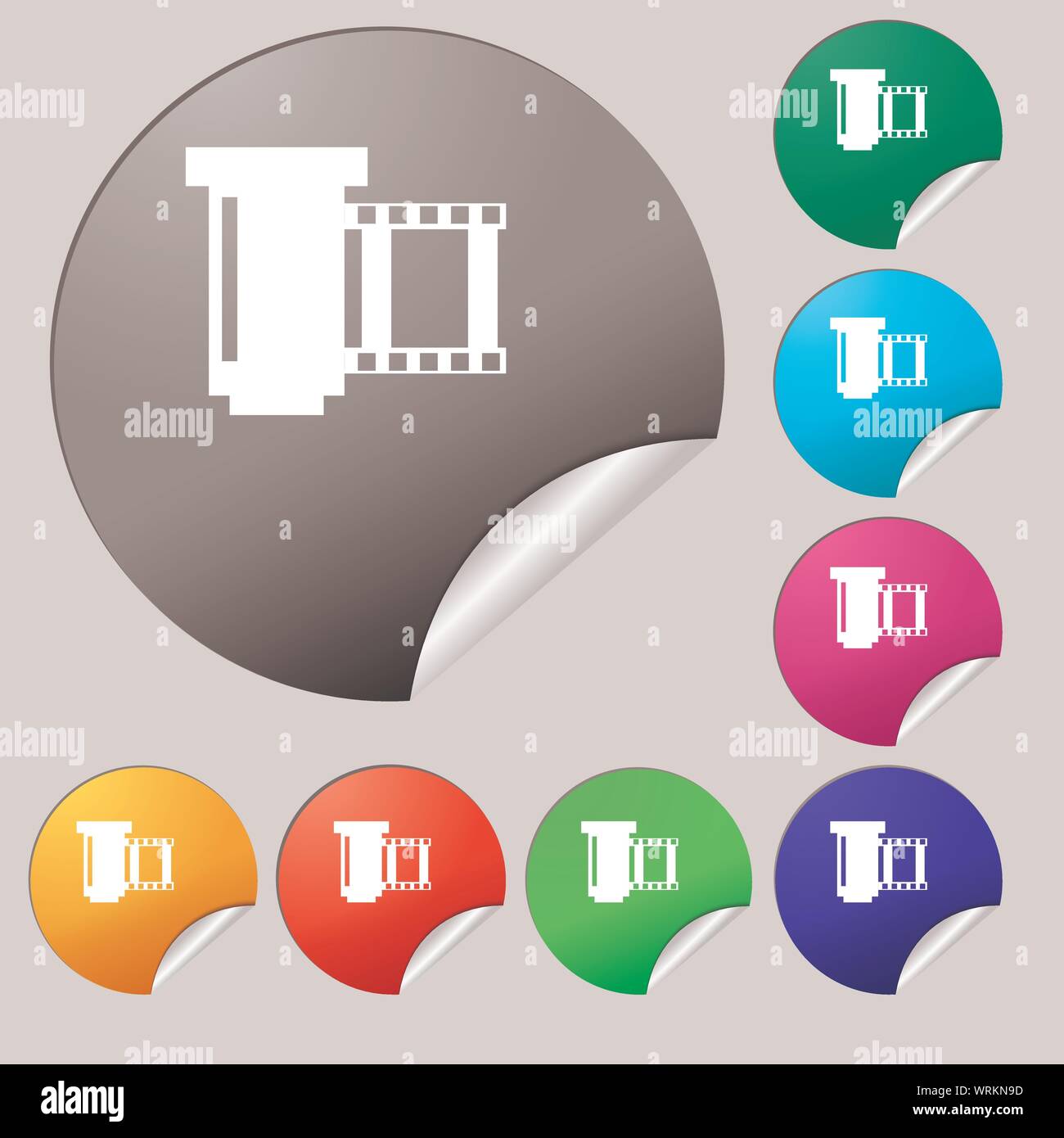 negative films icon symbol. Set of eight multi colored round buttons