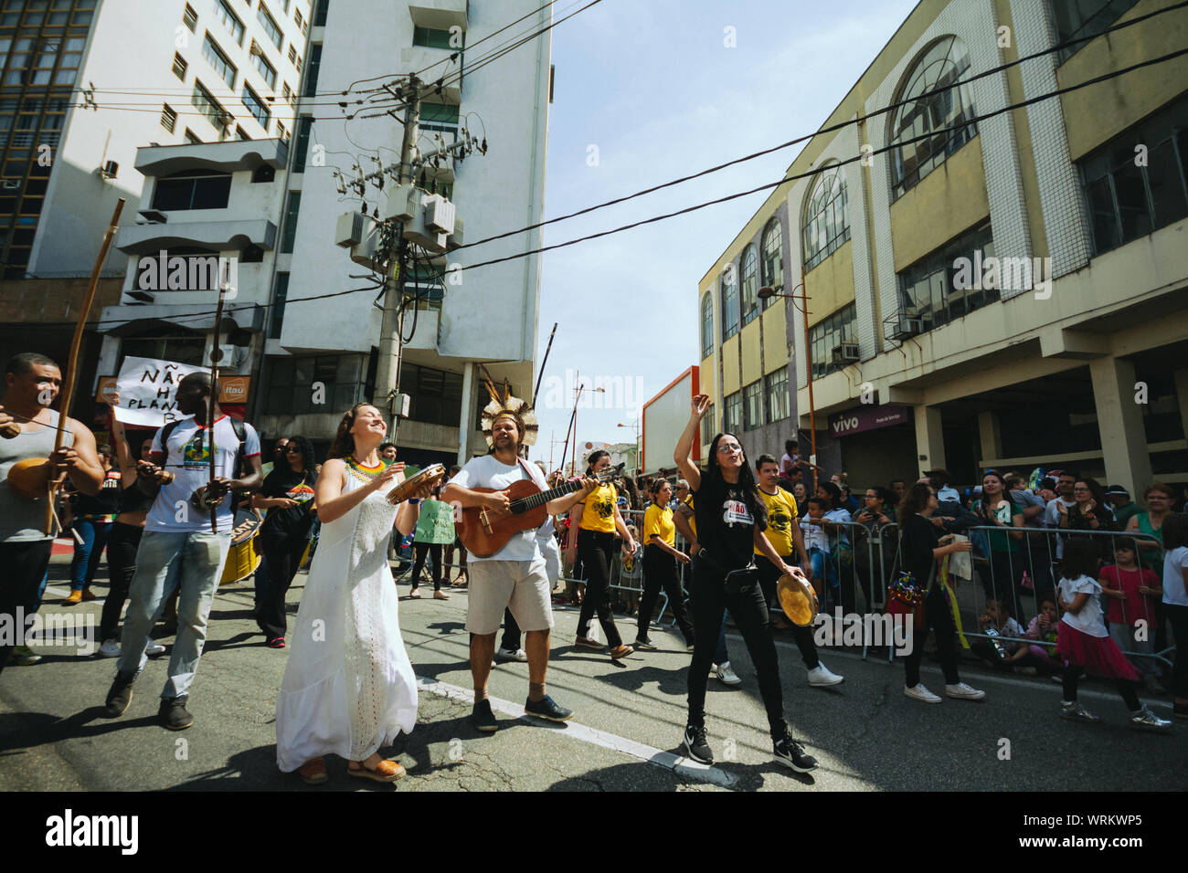 Crowd in the streets marching for less pesticides and to save the amazonia, in a pro environment walk, protest during the brazilian independence day Stock Photo