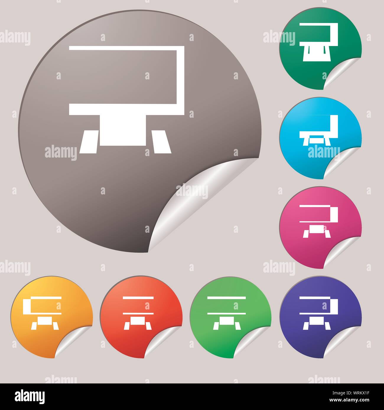 Computer widescreen monitor sign icon. Set of eight multi colored round ...