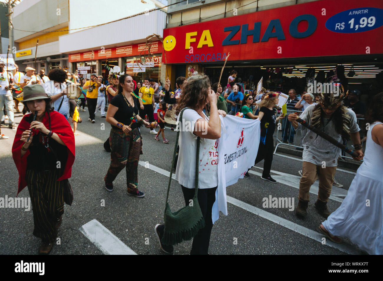 Crowd in the streets marching for less pesticides and to save the amazonia, in a pro environment walk, protest during the brazilian independence day Stock Photo